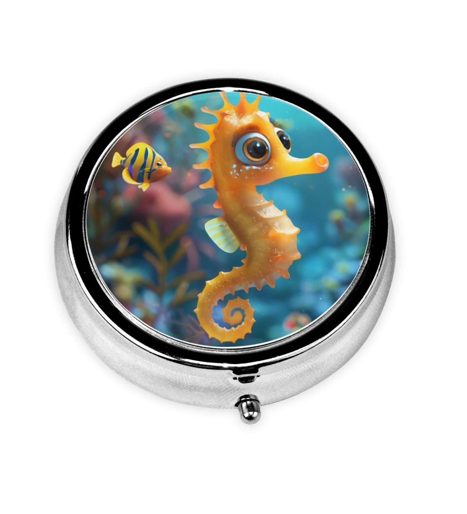 Cute Yellow Seahorse Portable Metal Pill Box | 3-Compartment Travel Organizer | Must-Have for Small Pills & Medication - International Shipping Available - Buy Online on GoSupps.com