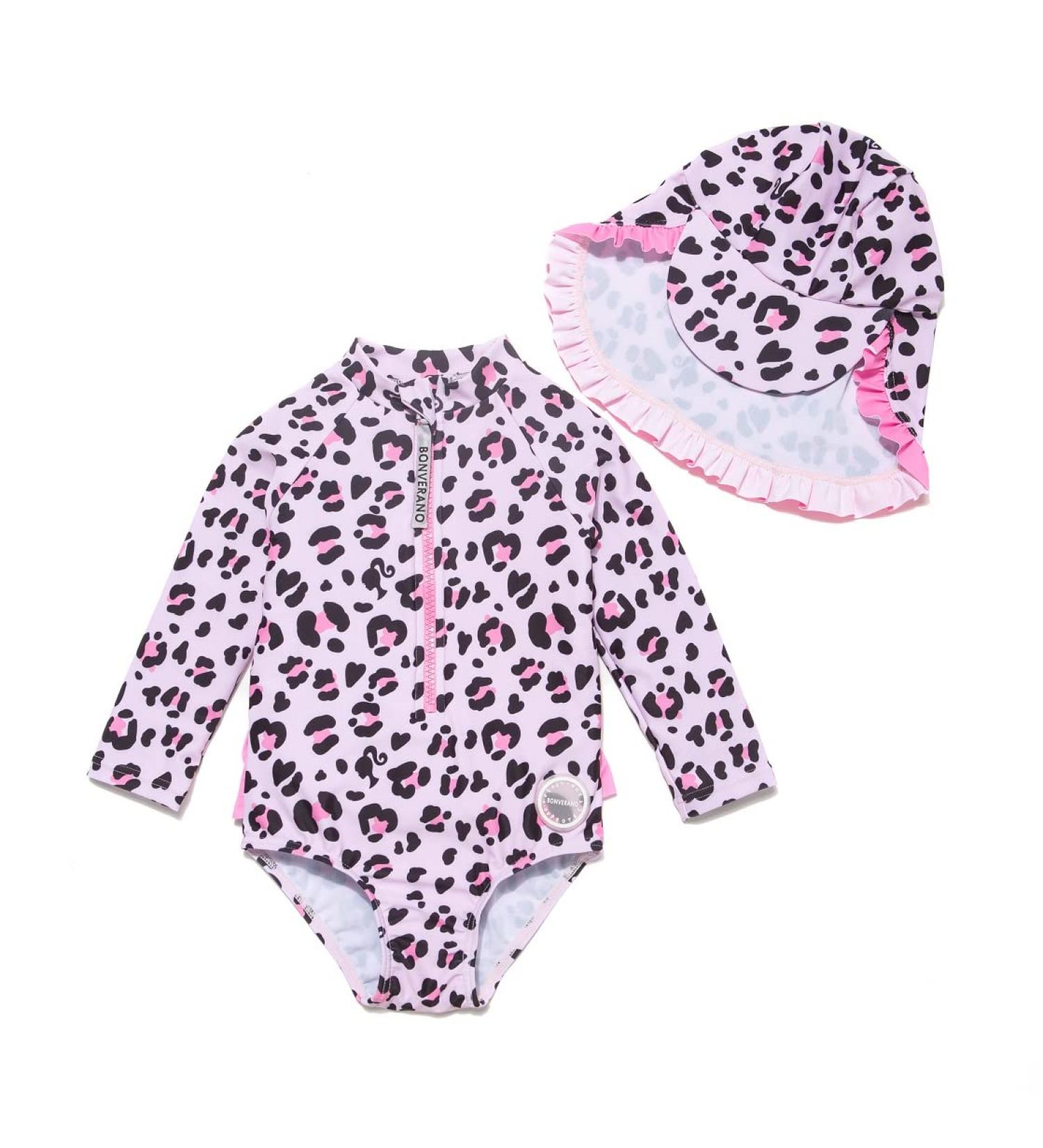 BONVERANO Baby Girls Long Sleeve Swimsuit | UPF 50+ Sun Protection | 18-24 Months | Pink Leopard Print - Buy Online on GoSupps.com