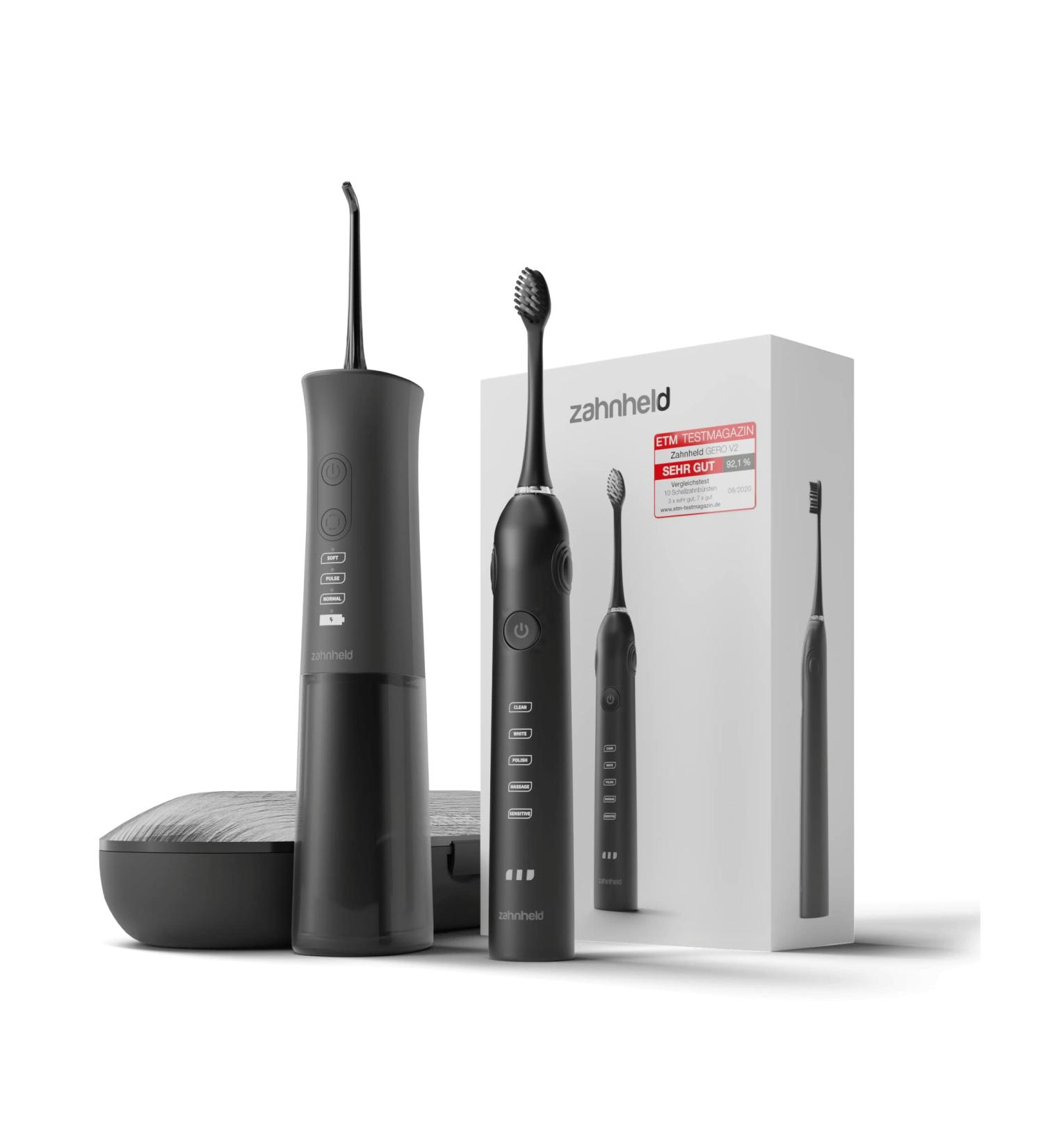 Zahnheld Super Set: Electric Sound Toothbrush Gero + Aquadent Oral Shower | Includes Brush Head & Travel Case | Effective Black Tooth & Interdental Cleaning - Buy Online on GoSupps.com