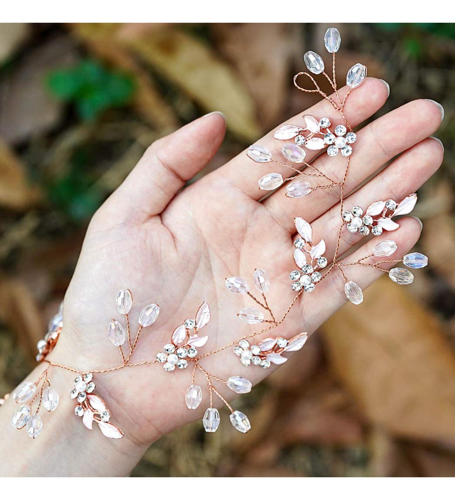 Unicra Rose Gold Leaf Wedding Hair Vine - Bridal Headpiece with Rhinestone Crystal Accent - Buy Online on GoSupps.com