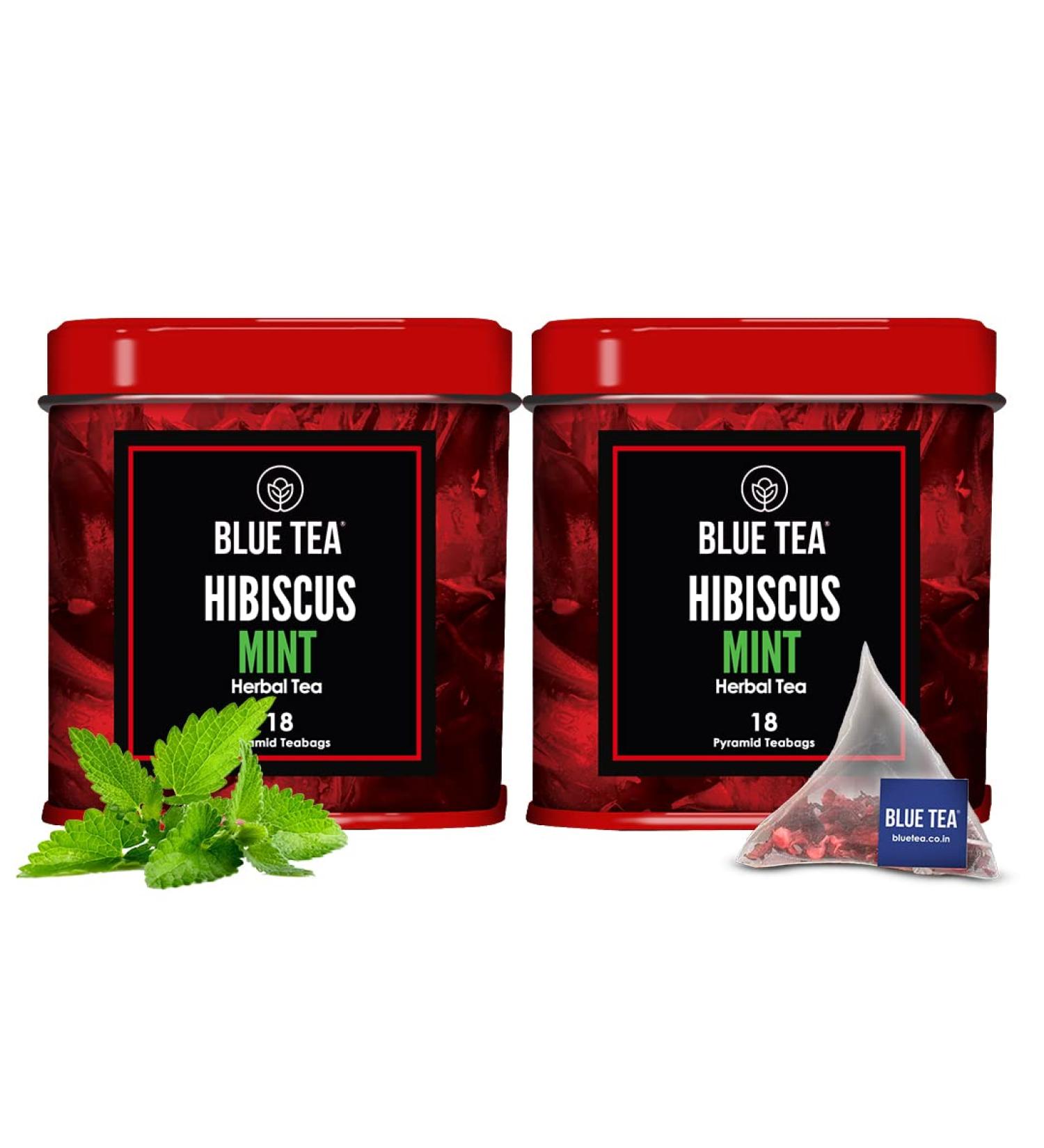 BLUE TEA - Hibiscus Mint Herbal Tea - 36 Tea Bags (Pack of 2) | CAFFEINE FREE | Hibiscus + Mint | Farm Packed Hibiscus Tea | Tin Packing - Buy Online on GoSupps.com