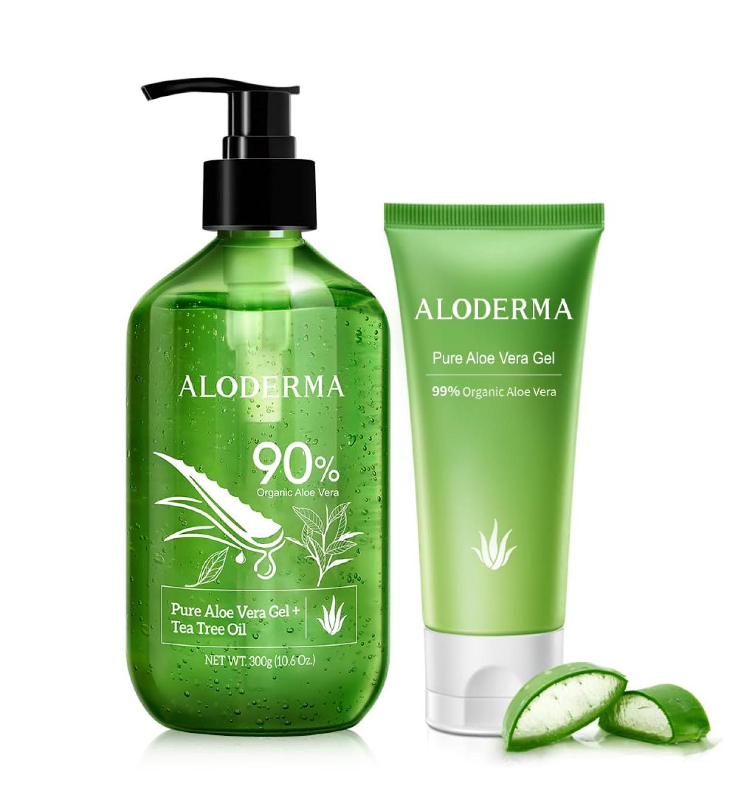 Aloderma Aloe Vera Gels Set 2 Pieces - 300g Aloe Vera Gel + Tea Tree Oil 45g Aloe Vera Gel - Hydrating Moisturizing - Buy Online on GoSupps.com