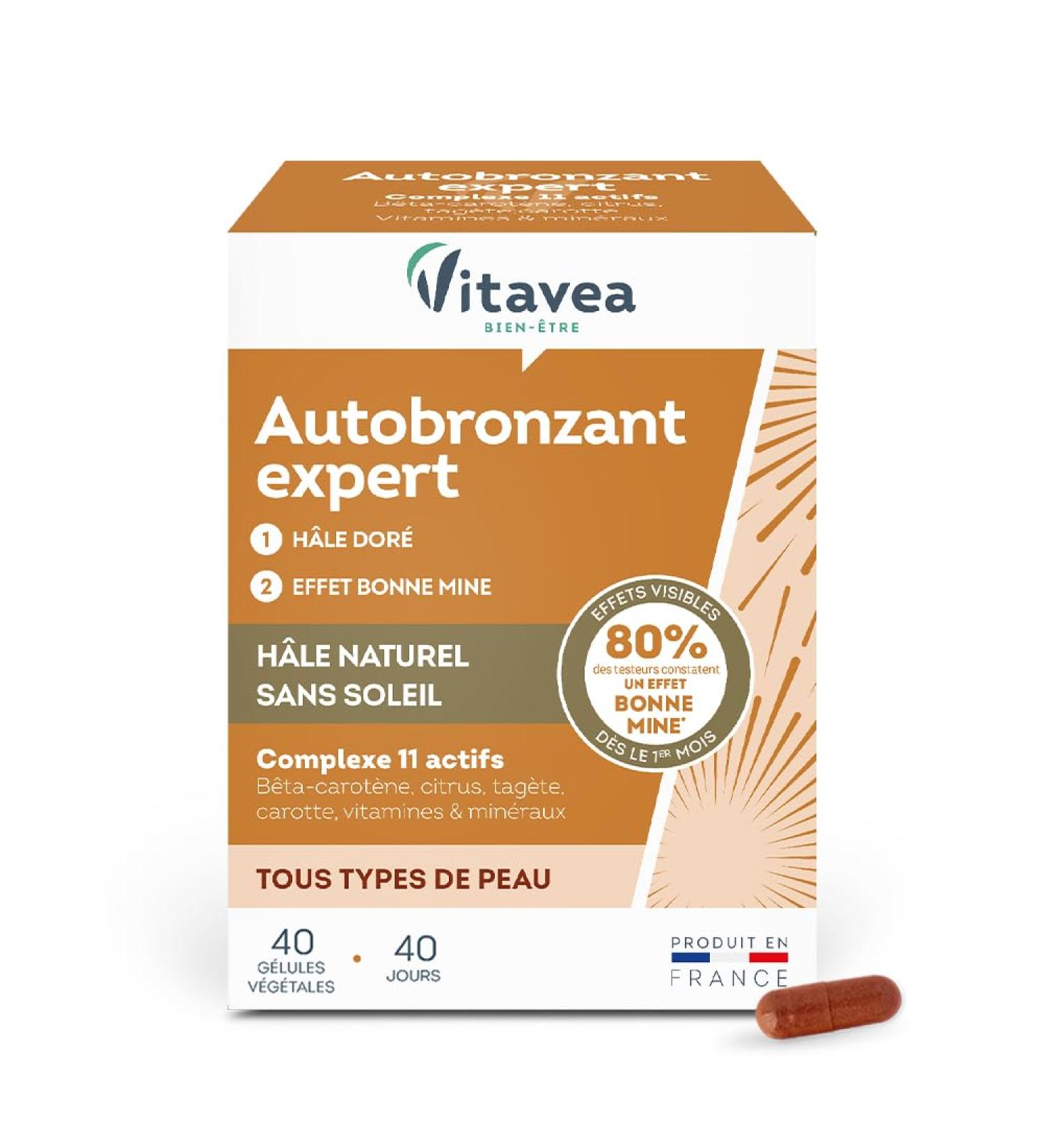 VITAVEA BIEN-ETRE - Self-tanning Expert Food Supplement - Natural Golden Tan and Luminous Complexion Without Exposure to the Sun - 40 Vegetable Capsules - 40 days of treatment - Made in France - Buy Online on GoSupps.com