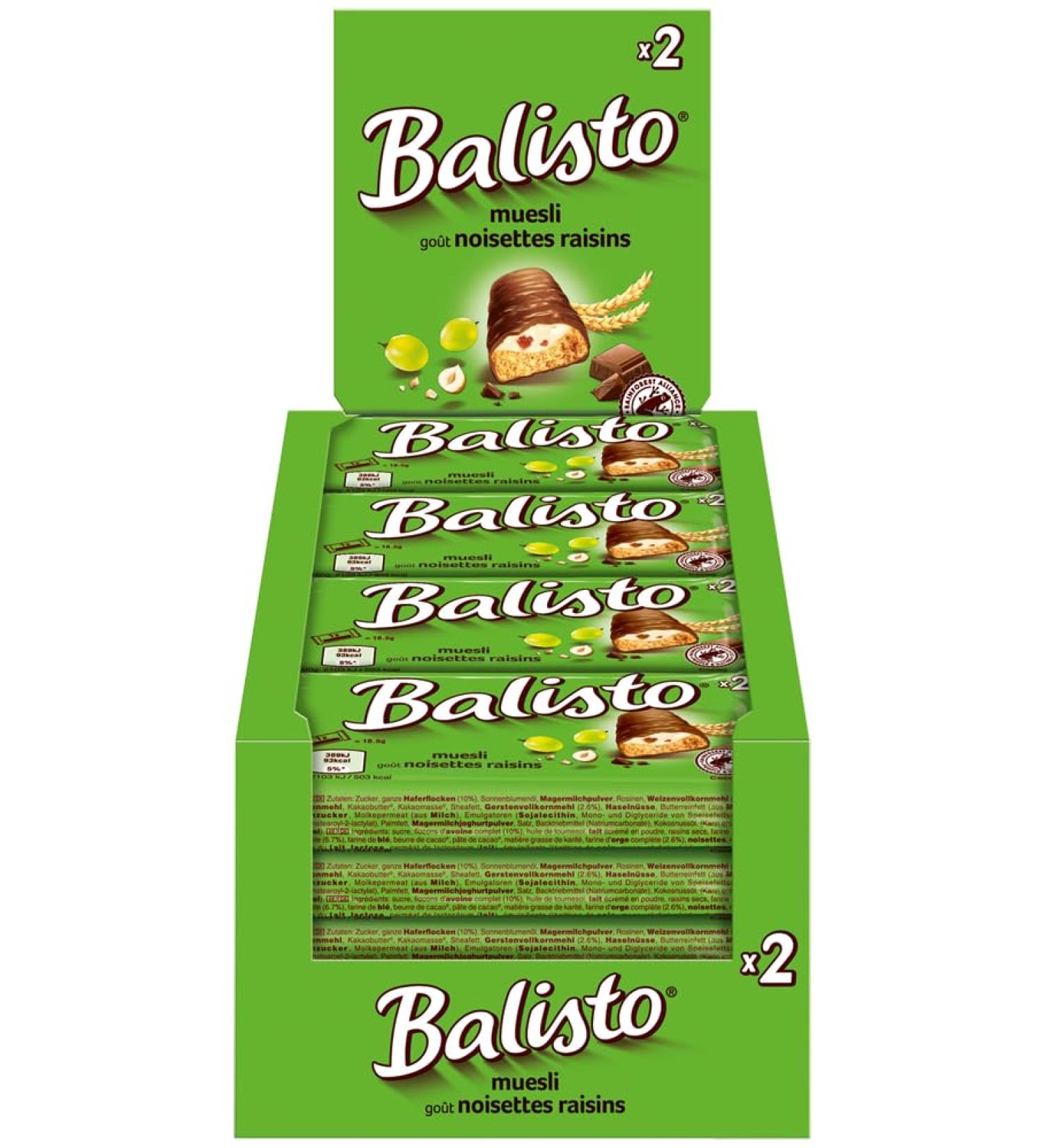 Box of 20 Balisto Biscuit Coated in Milk Chocolate with Raisin and Hazelnut Flavor - 20 Biscuits of 37g - 740g - Buy Online on GoSupps.com