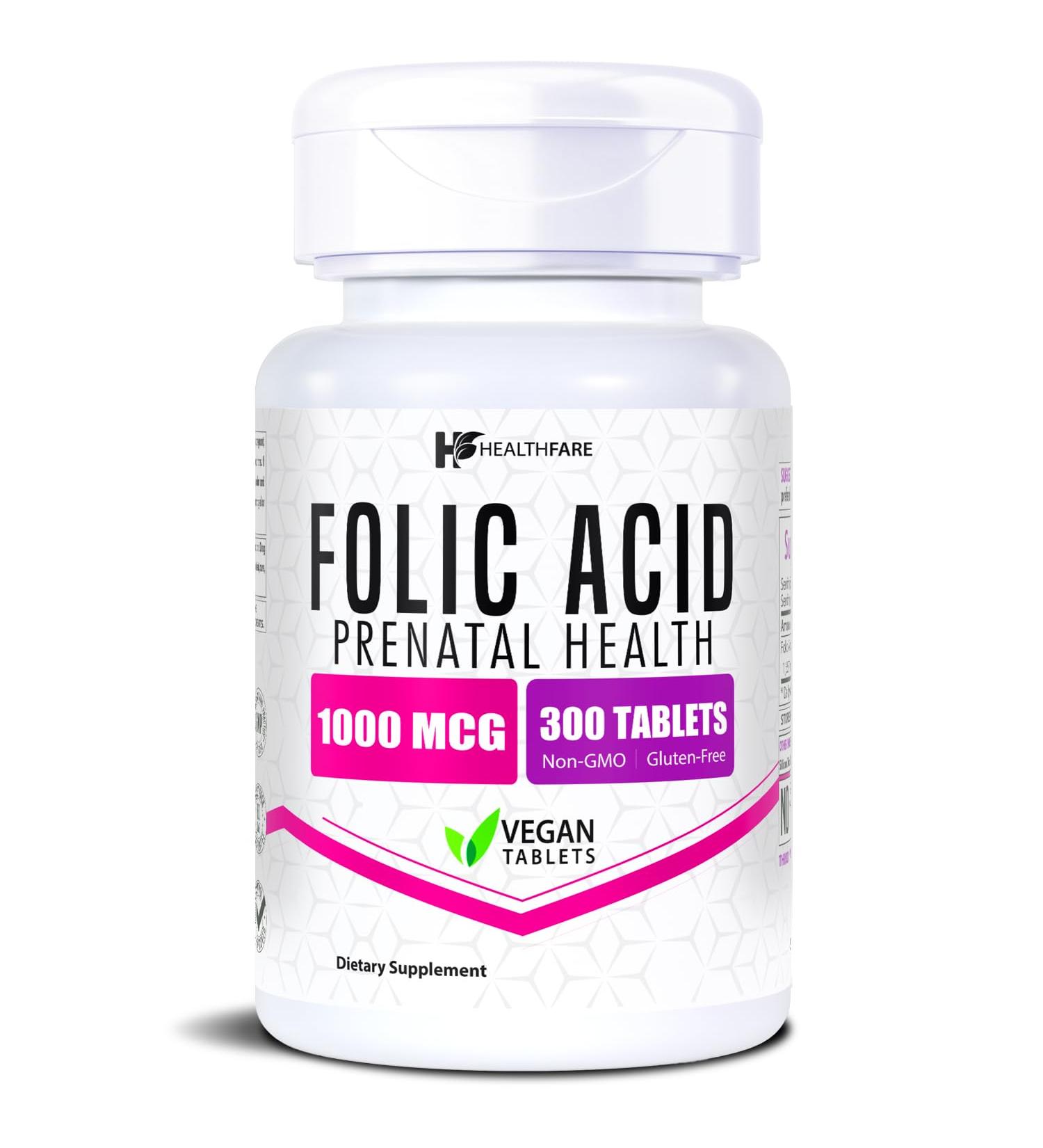 Healthfare Folic Acid 1000mcg | 300 Veg Tablets | Vitamin B9 | Gluten-Free | Non-GMO | Made in USA - Buy Online on GoSupps.com