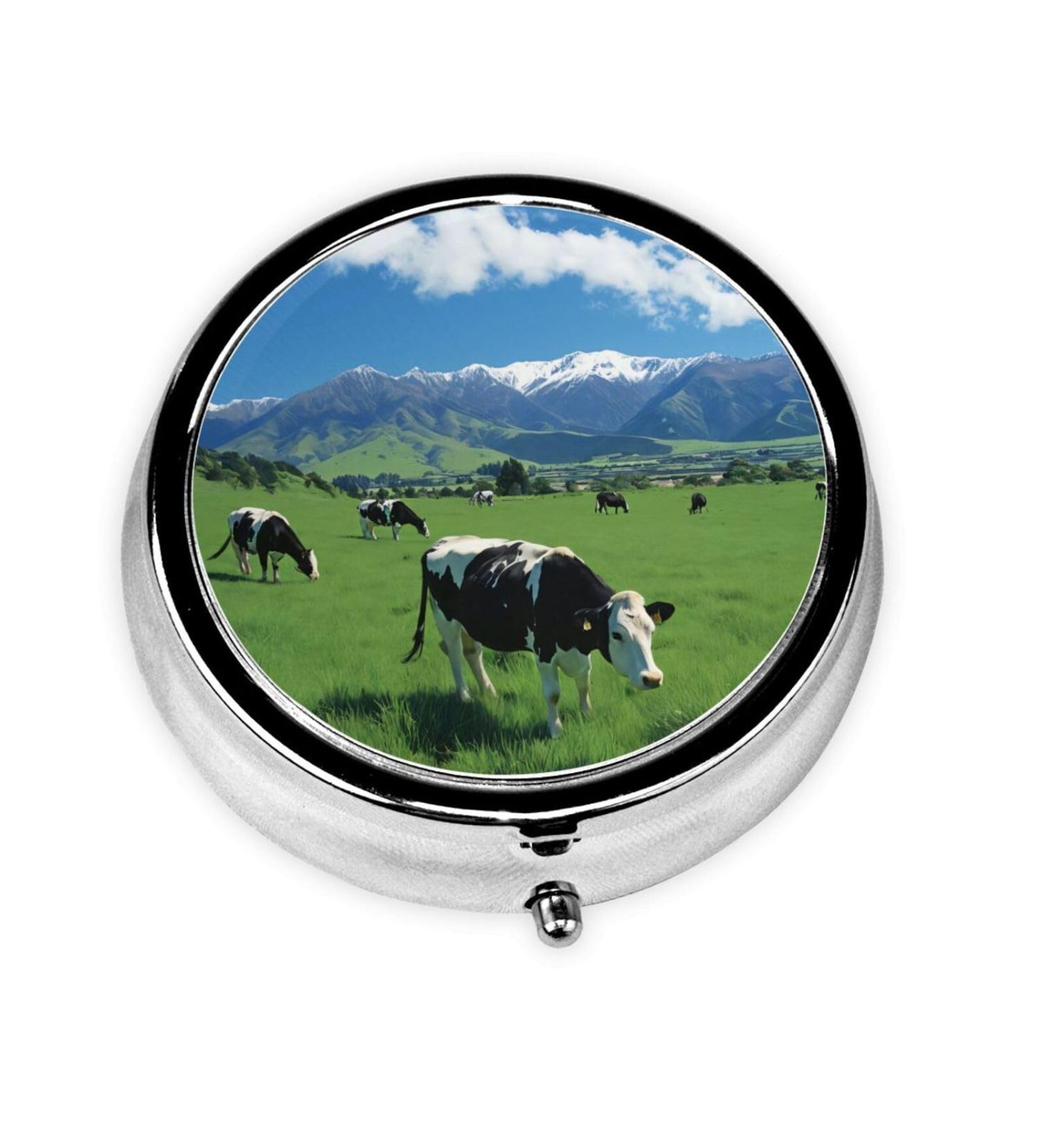 Grass and Cows Portable Metal Pill Box - Round Mini 3-Compartment Organizer for Travel | Ideal for Small Pills - Buy Online on GoSupps.com
