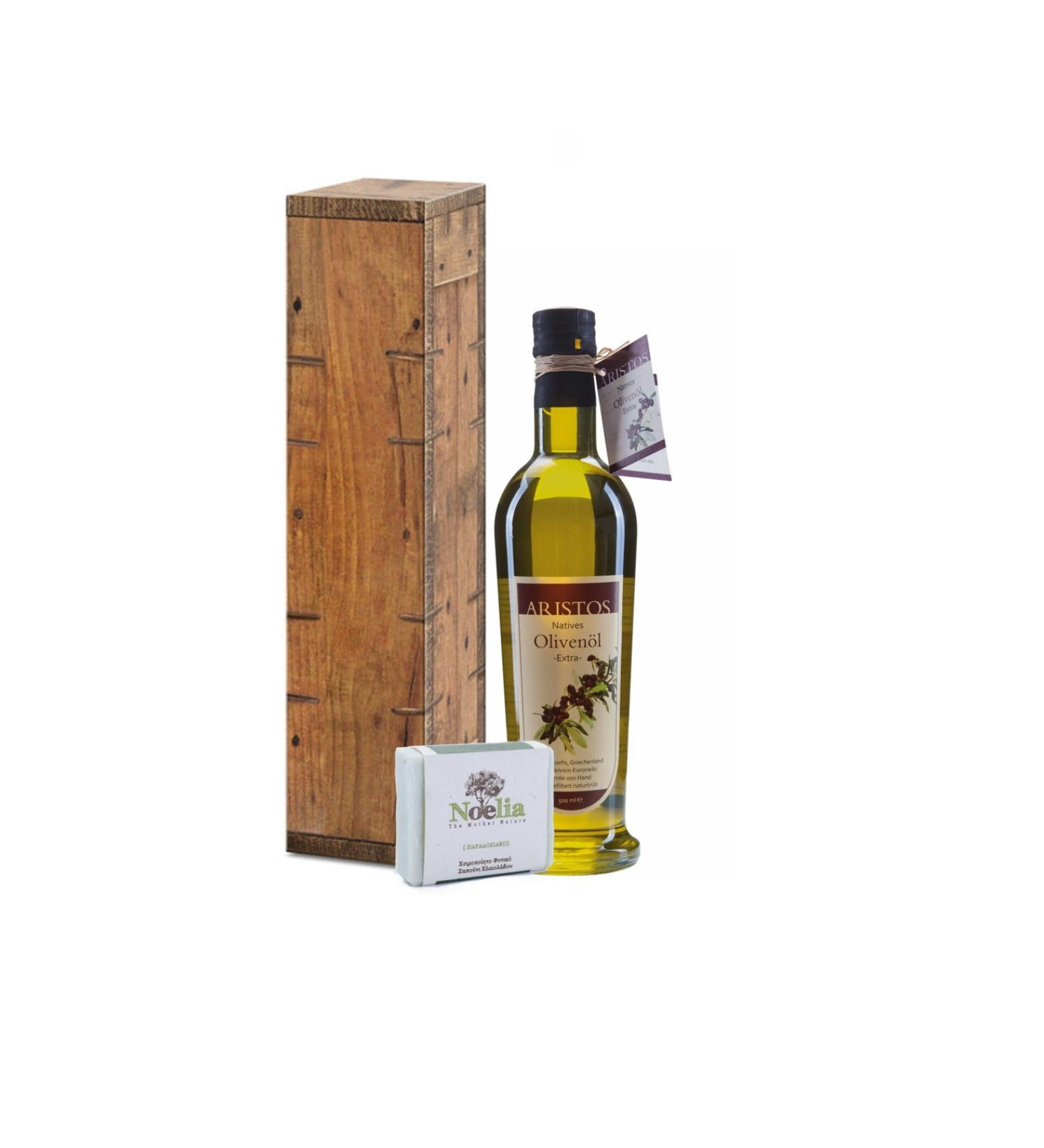 Olive oil gift cold pressed Greek olive oil + olive oil soap in a gift box "wood" 500ml | ARISTOS