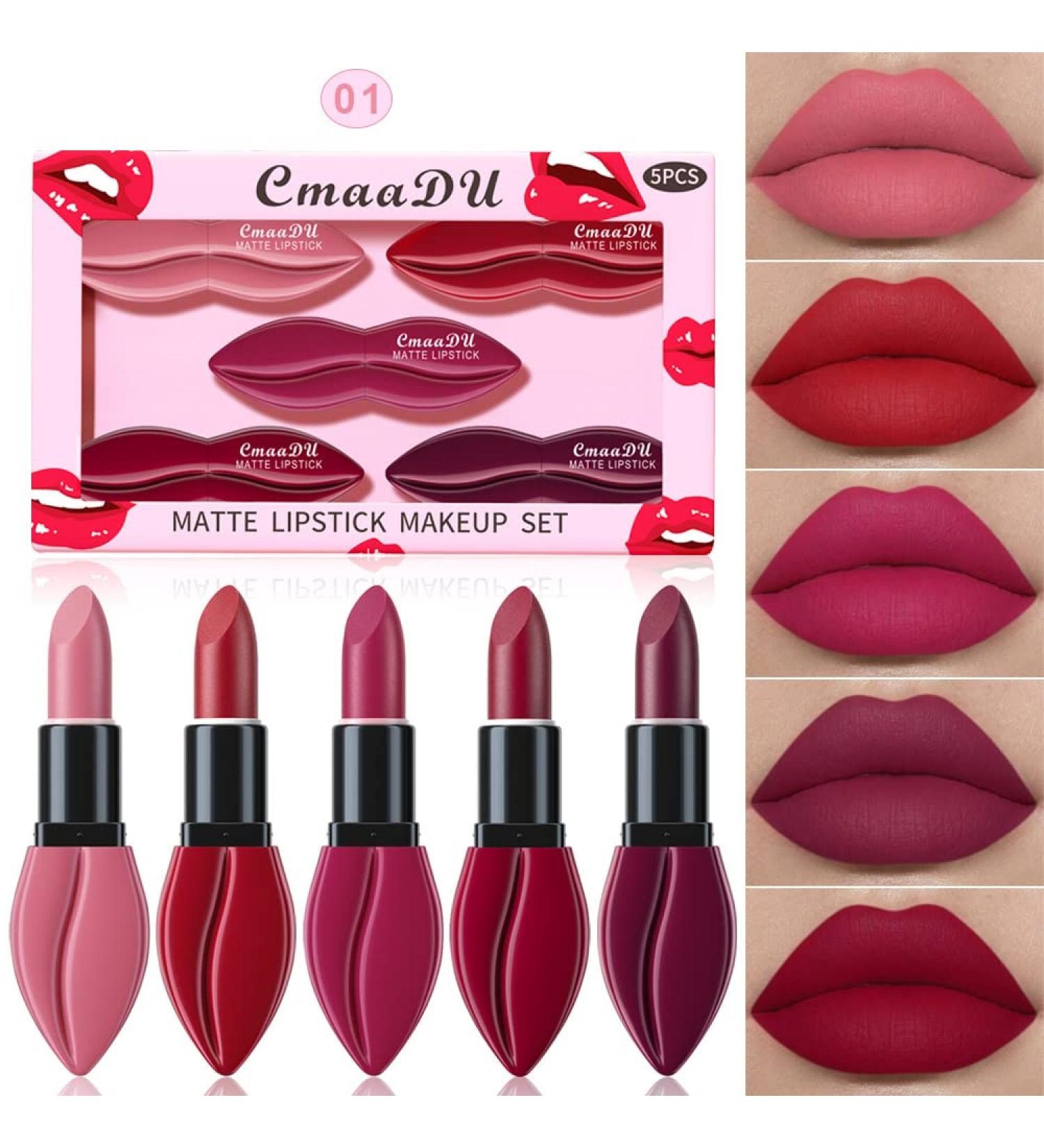 Long-Lasting Velvet Lipstick Set in Deep Ruby, Rose Red, Nude Pink - Smudge Proof Matte Lip Stain Makeup for Women - 5Pcs Pack - Buy Online on GoSupps.com