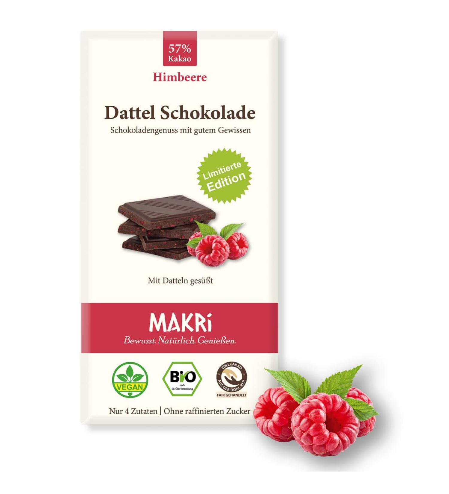 Makri Bio Dattel Chocolate - Vegan Fair Trade No Refined Sugar Raspberry 57% - Enjoy Healthy Indulgence - Buy Online on GoSupps.com
