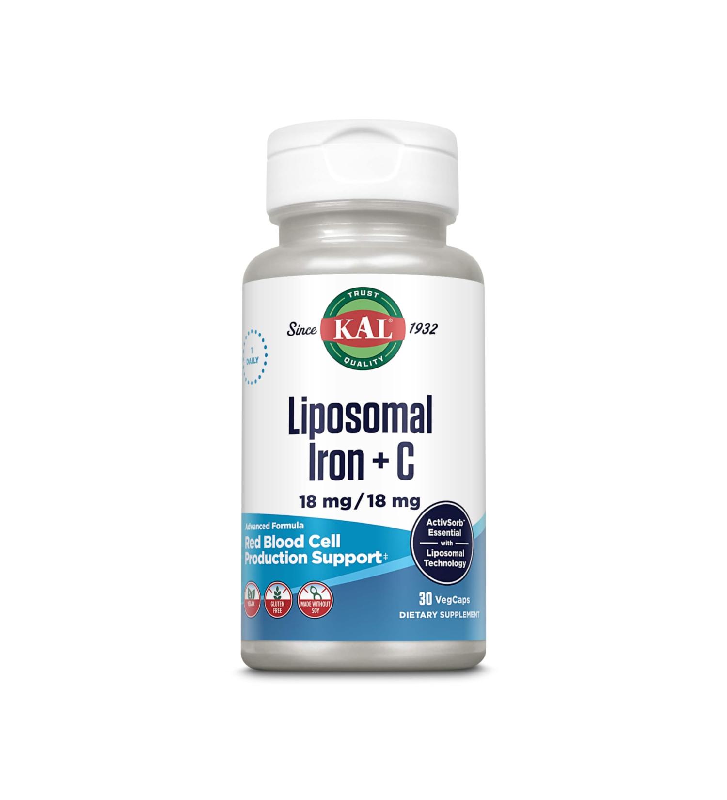 KAL Liposomal Iron Supplement with Liposomal Vitamin C Iron Supplement for Women and Men High Absorption Gentle Iron Pills Vegan Gluten Free 30 Servings 30 VegCaps - Buy Online on GoSupps.com