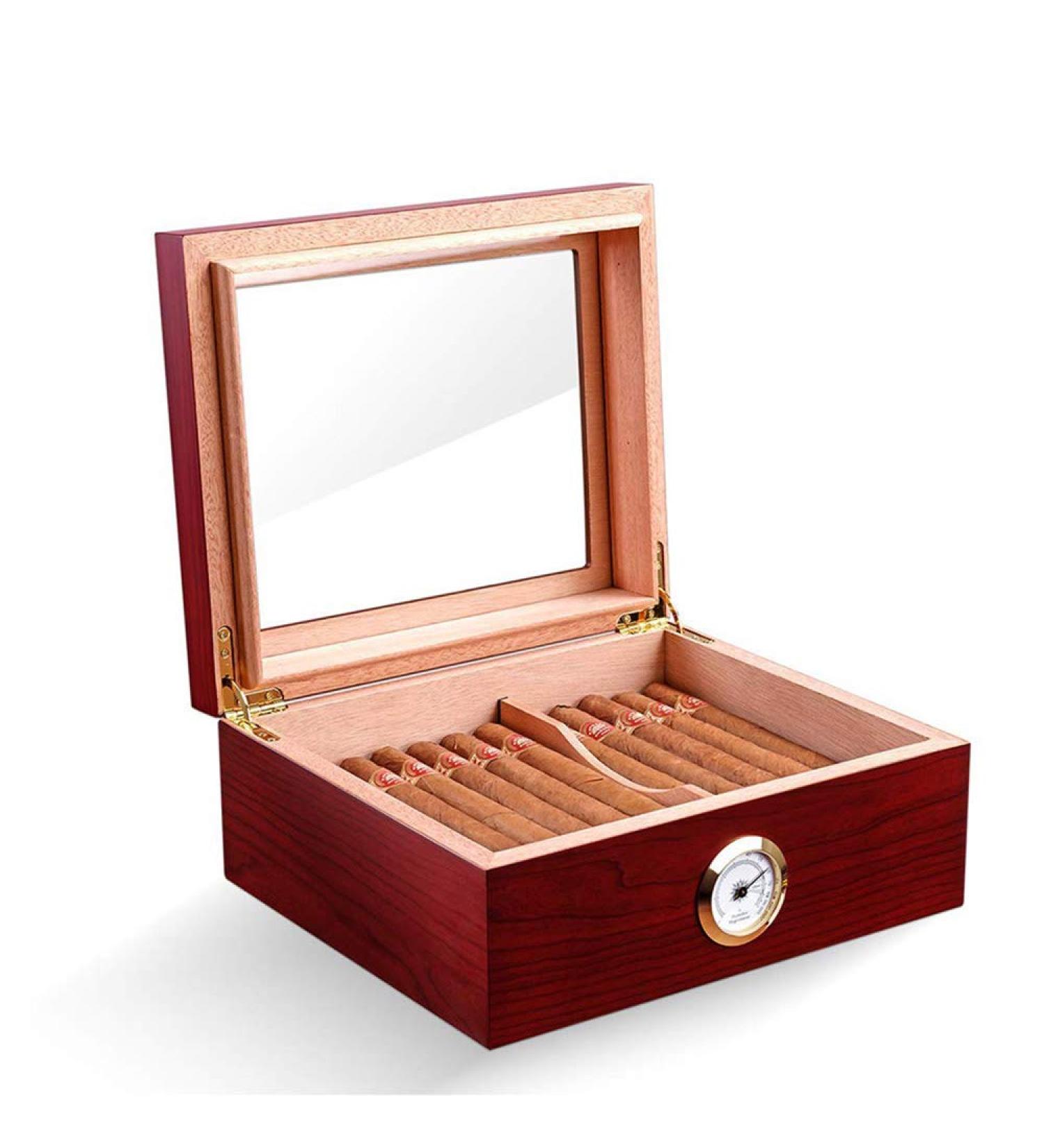 PIPITA Cigar Humidor Desktop Glass Top Cedar Wood Box Travel Humidor for Cigars with Humidifier and Hygrometer Holds 25-50 Cigars (Glass Top) (Red) - Buy Online on GoSupps.com