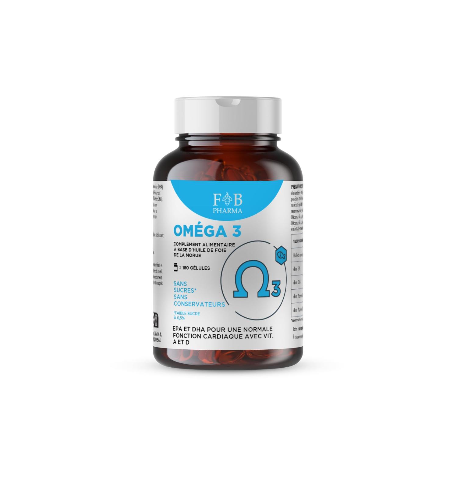 FB Pharma - OMEGA 3 Supplement 1000mg - Cod Liver Oil 180 Softgel Capsules - Vitamin A and Vitamin D - Helps Maintain Bones Teeth Sight and Norma Brain Function - Buy Online on GoSupps.com
