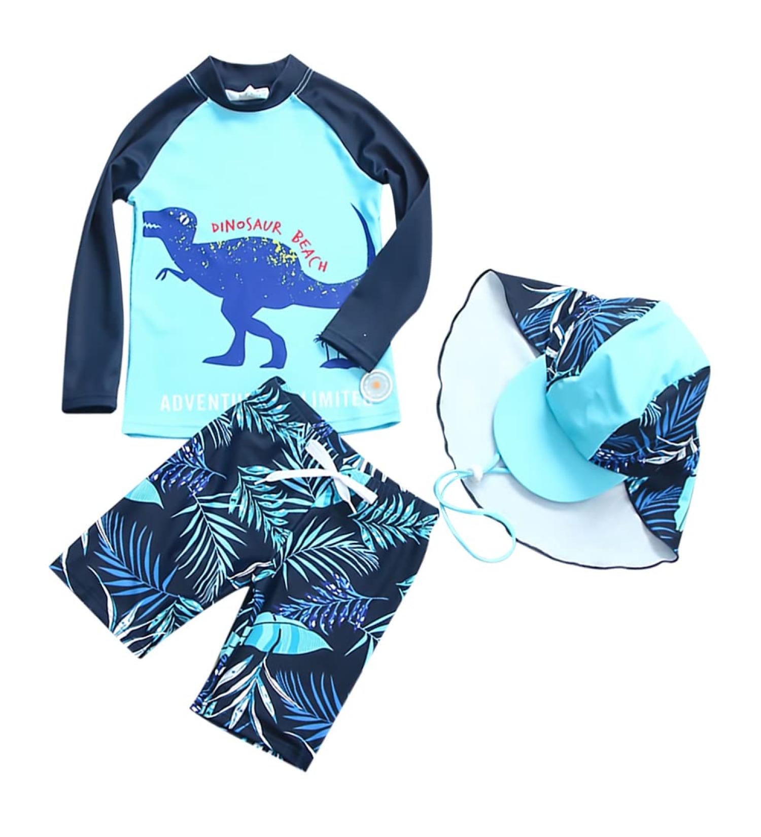 AIWUHE Boys Swim Set - UV Protection Swim Trunks & Long Sleeve Shirt with Cap - Cartoon Design (110-116 Dark Blue) - Perfect for International Shipping - Buy Online on GoSupps.com