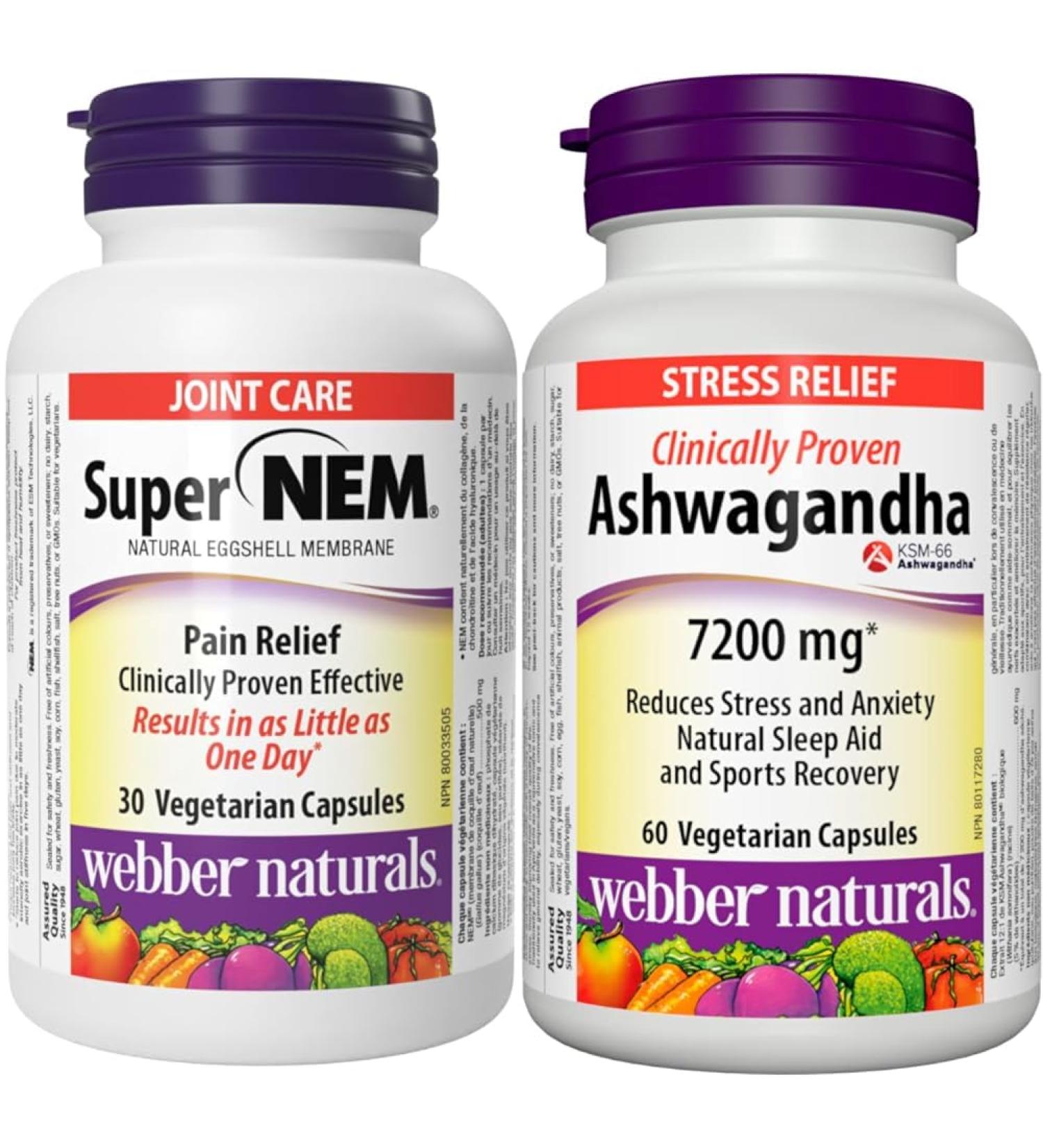 Webber Naturals Super NEM 30 Capsules Natural Eggshell Membrane for Support of Joint Pain & Ashwagandha 7200 mg 60 Capsules Organic and Clinically Proven KSM-66 Ashwagangha Super NEM + SUPPLEMENT 3909 - Buy Online on GoSupps.com