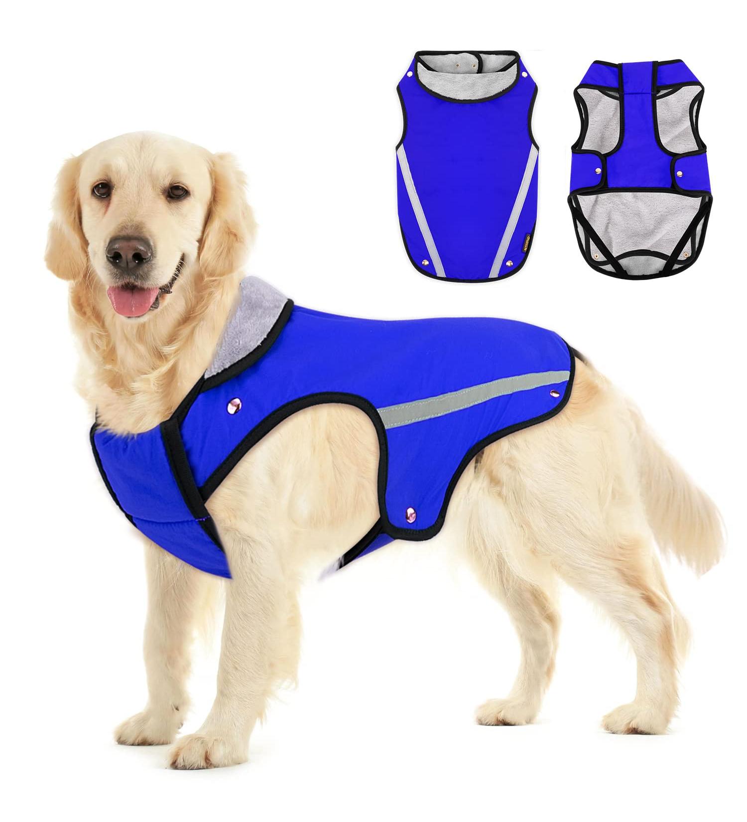 Slowton Winter Dog Jacket - Soft Flannel Waterproof & Windproof Coat with Adjustable Size | Warm XXL Blue | Reflective Stripes - Buy Online on GoSupps.com