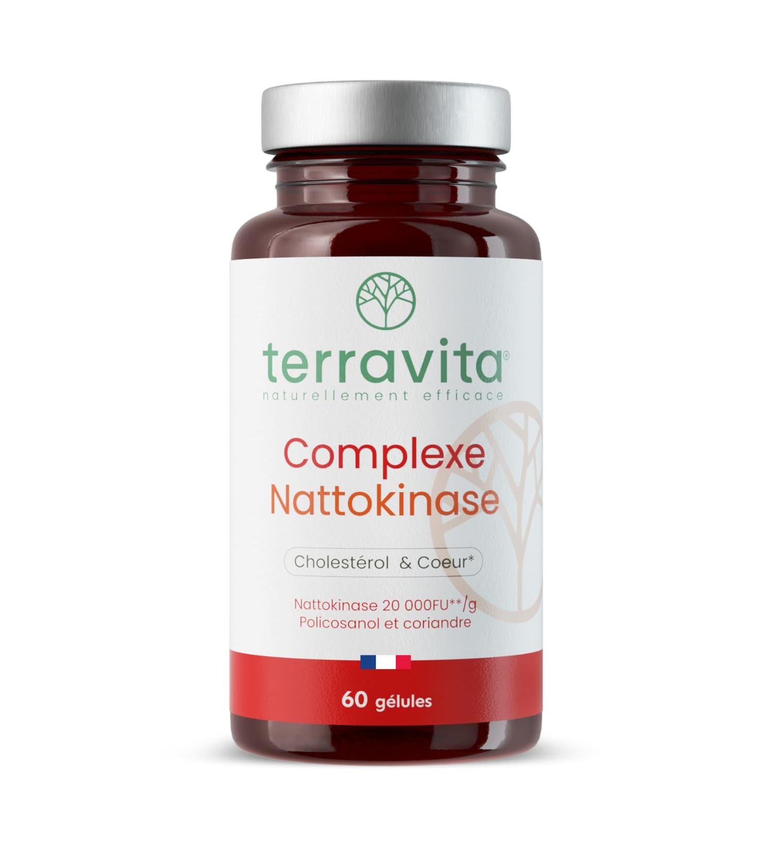 NATTOKINASE Brevet Nattiase | 100 mg (20.000 FU/g) | Formule Unique avec Coriandre et Policosanol | Enzyme Natto | Sant Cardiovasculaire | 60 G lules V g tales | Made in France | Terravita - Buy Online on GoSupps.com
