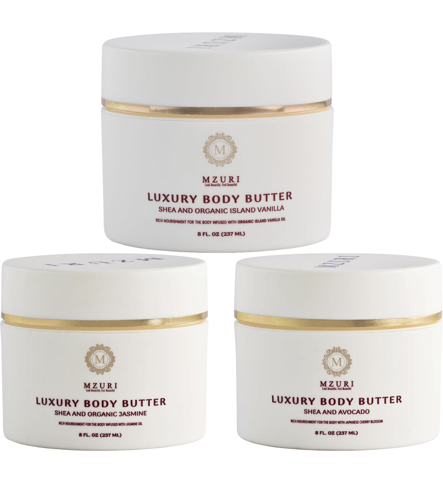 MZURI Body Butter Trio Set Shea with Jasmine Island Vanilla & Avocado Blends Organic Deep Hydration Body Creams for Dry & Sensitive Skin Natural Skincare Luxury Spa Gift Set (3 x 8 oz) - Buy Online on GoSupps.com