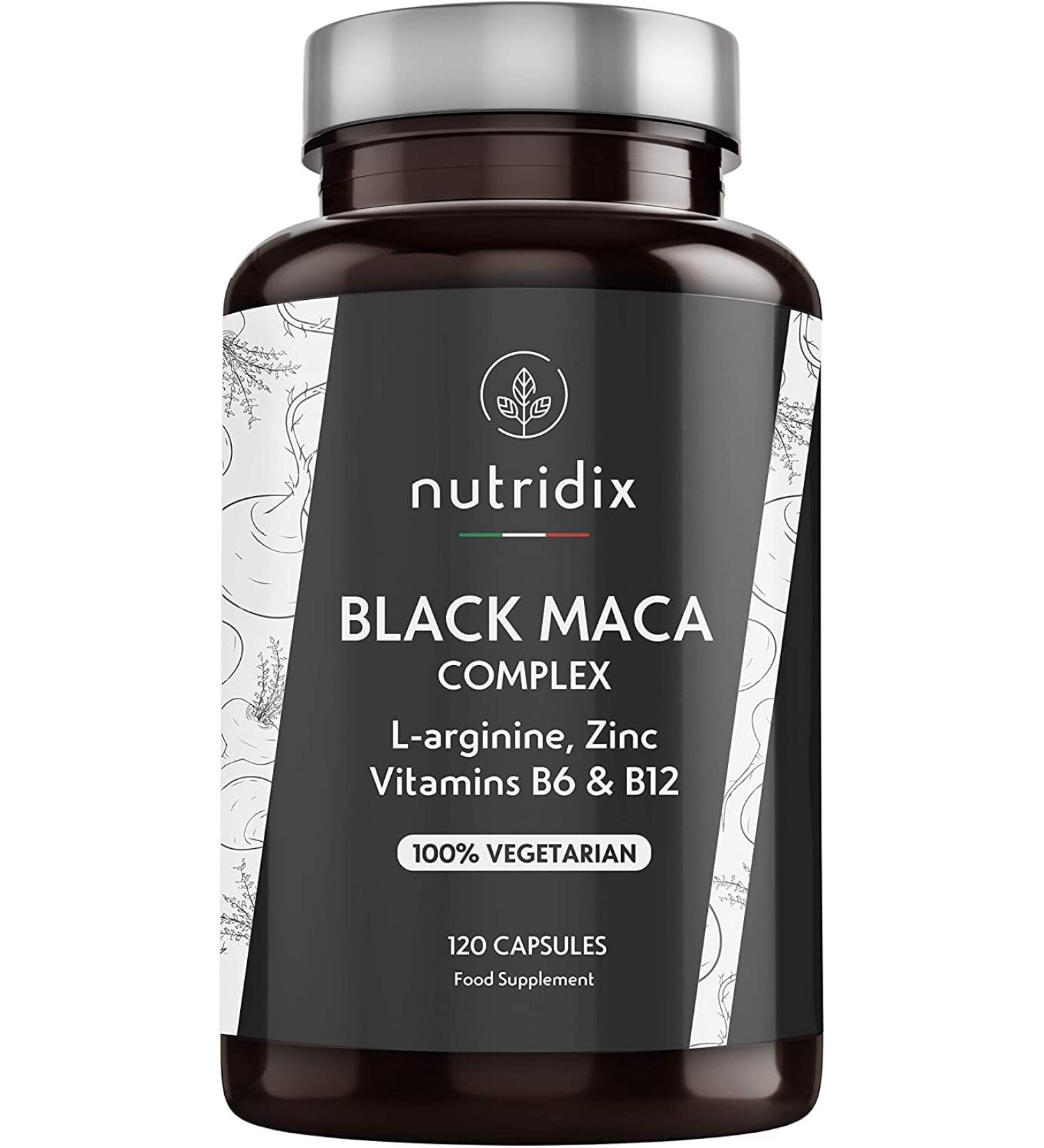 Black Maca 1 200 mg per dose Extract Equivalent to 24 000 mg Maca Plant Concentrate 20:1 100% Vegetarian Formula with L-Arginine Vitamin B6 B12 and Zinc 120 Nutridix Capsules - Buy Online on GoSupps.com