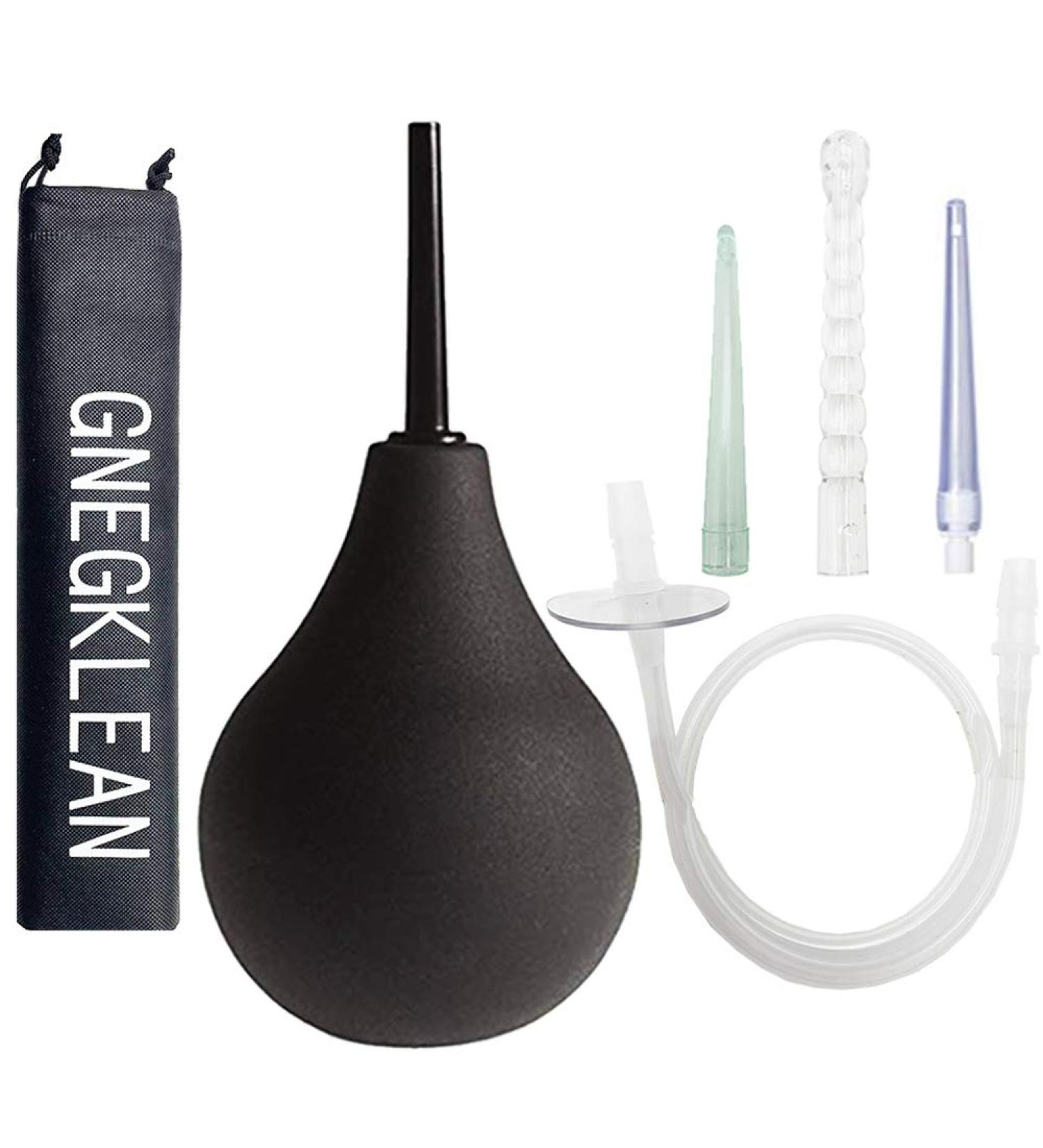 Black Silicone Enema Bulb Kit | GNEGKLEAN 7.6oz Anal Douche for Men and Women | Includes 19.7in Hose and 4 Nozzles | Black - Buy Online on GoSupps.com