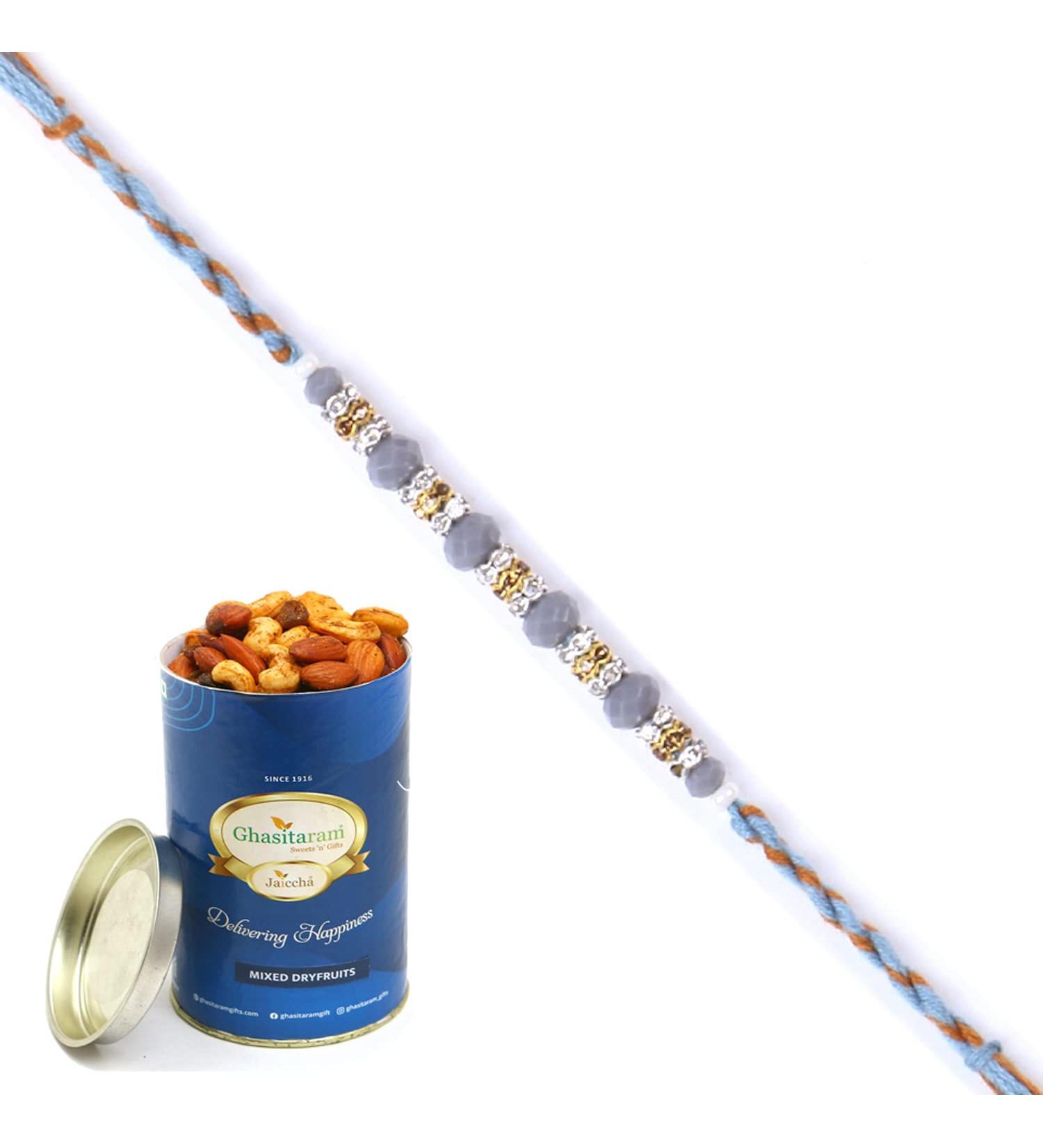 Ghasitaram Gifts Rakhi for Brother Rakhis Online - 6375 Fancy Thread Rakhi with 100 GMS of Dryfruits Mix Can - Buy Online on GoSupps.com