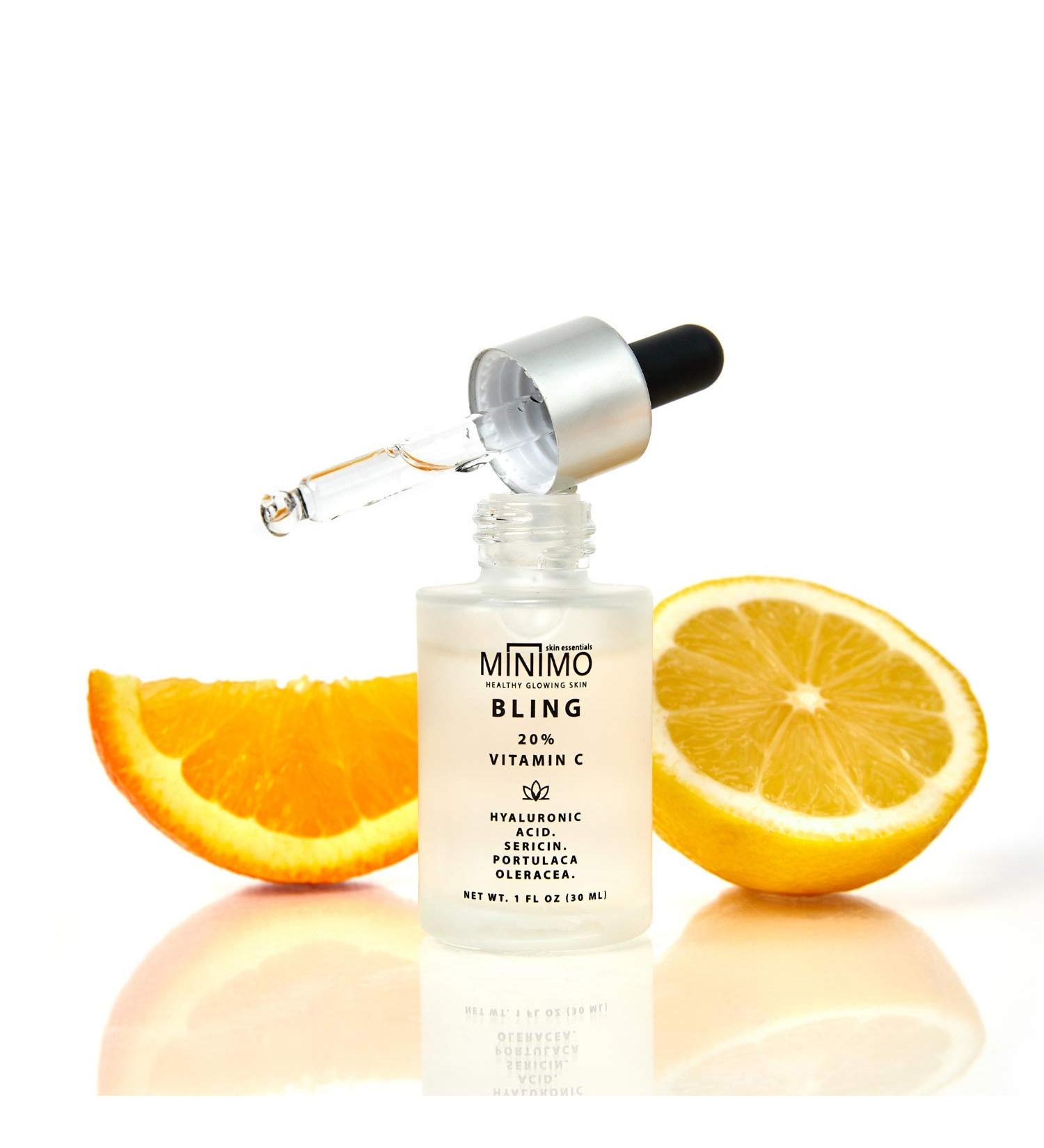 Minimo Skin Essentials Bling Vitamin C Serum - Anti-Aging Brightening & Moisturizing Facial Serum (20% Vitamin C 1 oz) - Travel Size for Glowing Skin - Buy Online on GoSupps.com