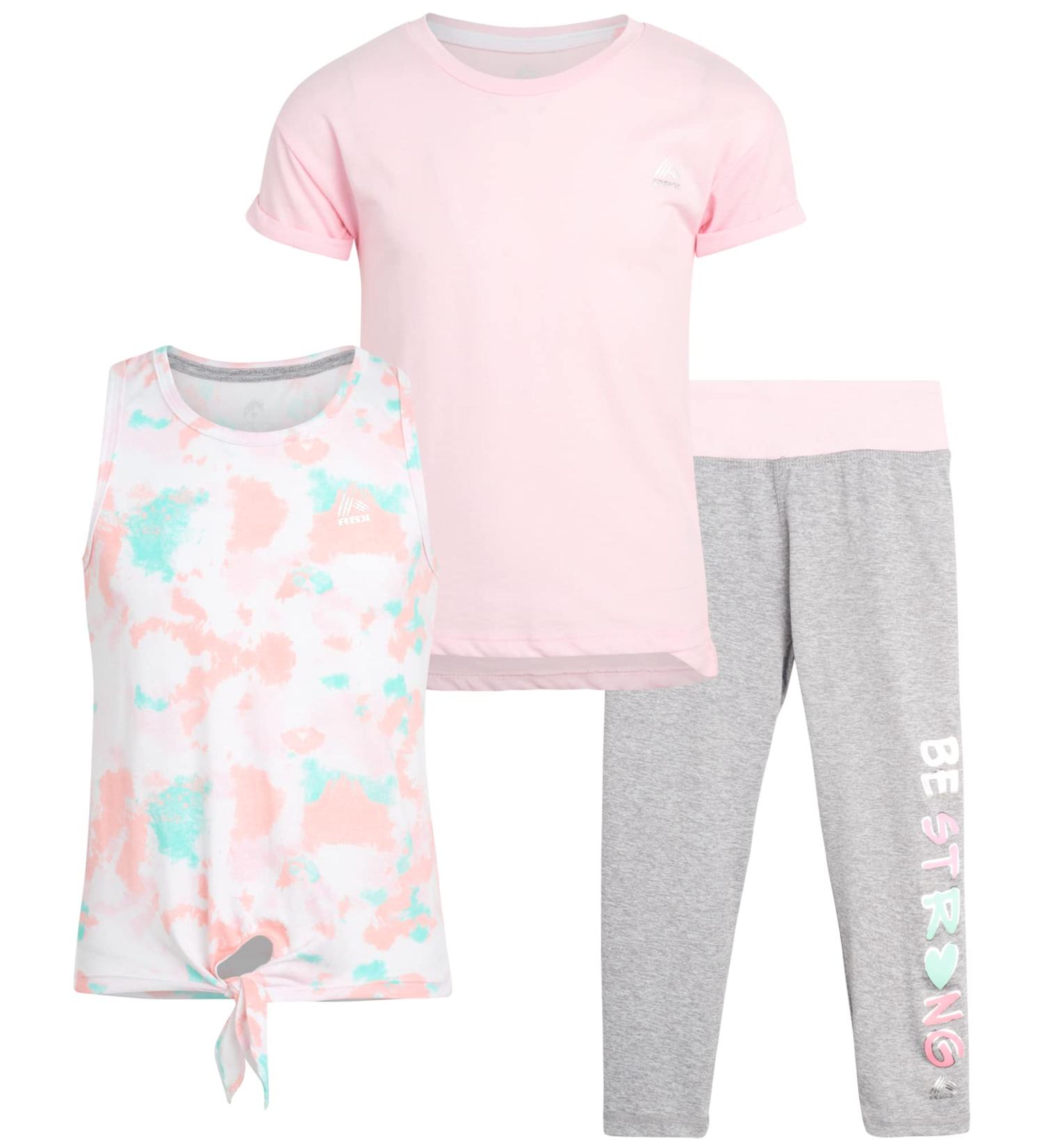 RBX Girls' Pink Be Strong Activewear Set - Short Sleeve Performance T-Shirt, Tank Top, and Capri Leggings (4-12) - Buy Online on GoSupps.com