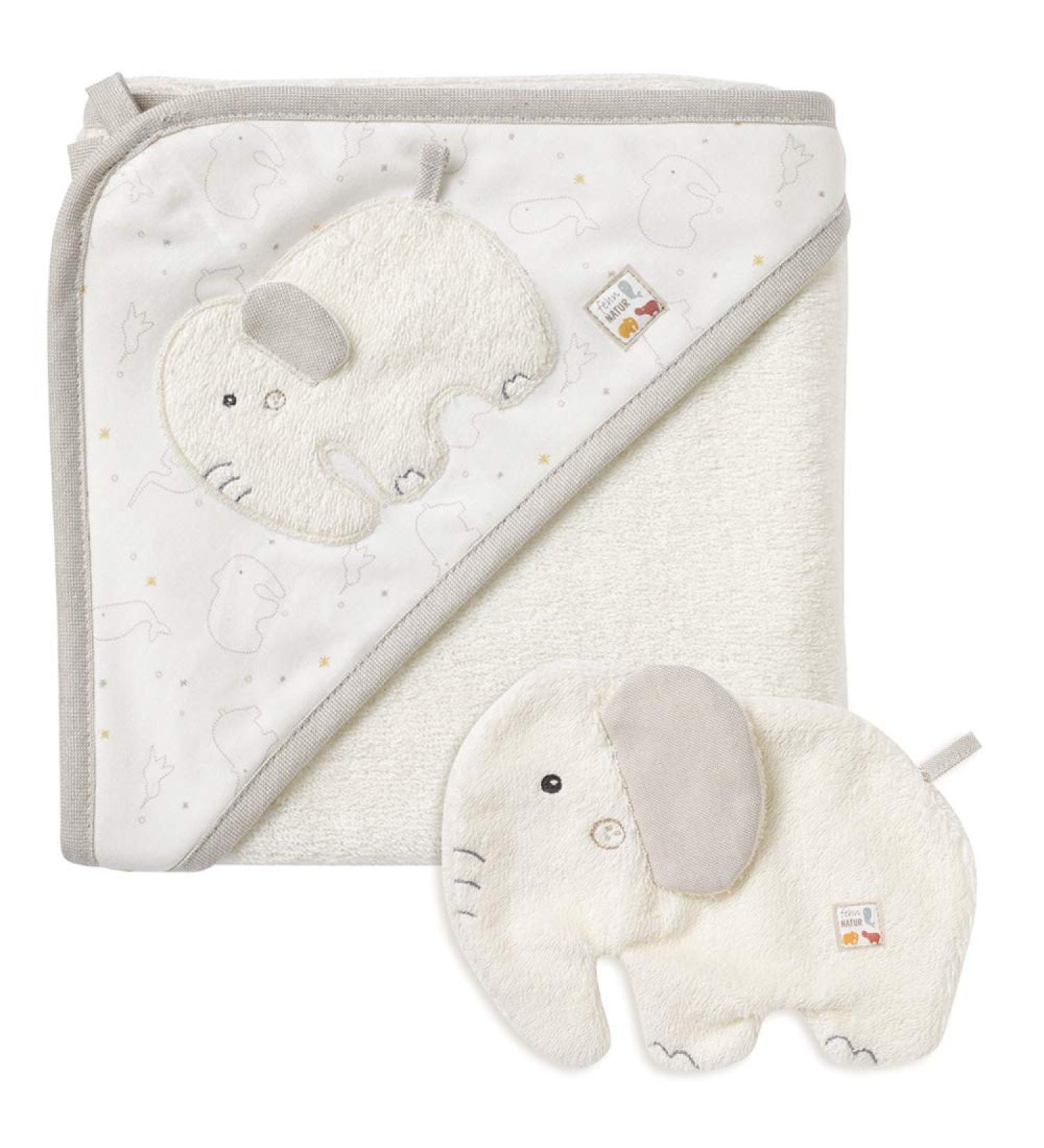 Fehn 056396 Elephant Bath Set - Organic Cotton Towel & Washcloth for Babies & Toddlers | Cute Animal Motif | Safe & Fun Bathing Essentials - Buy Online on GoSupps.com