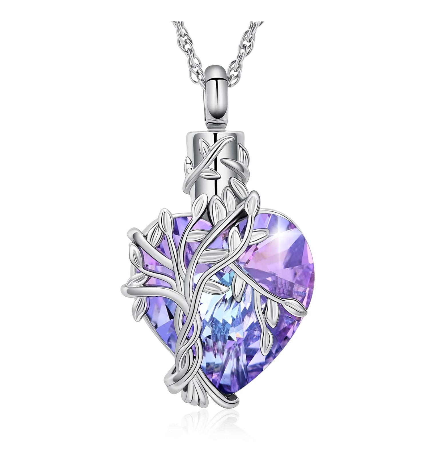 QGJNSGC Tree of Life Urn Necklace for Ashes Cremation Heart Urn Ashes Necklace for Women/Pet Crystals Keepsake Memorial Locket Cremation Jewellery Loved One Memorial Pendant Silver-Purple - Buy Online on GoSupps.com