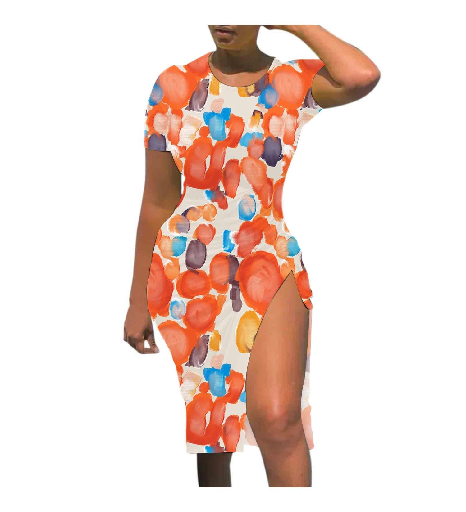 BOXIACEY Women's Summer Dress - Short Sleeve Round Neck Slim Gradient Printed Dress - XX-Large 03-Orange - Buy Online on GoSupps.com