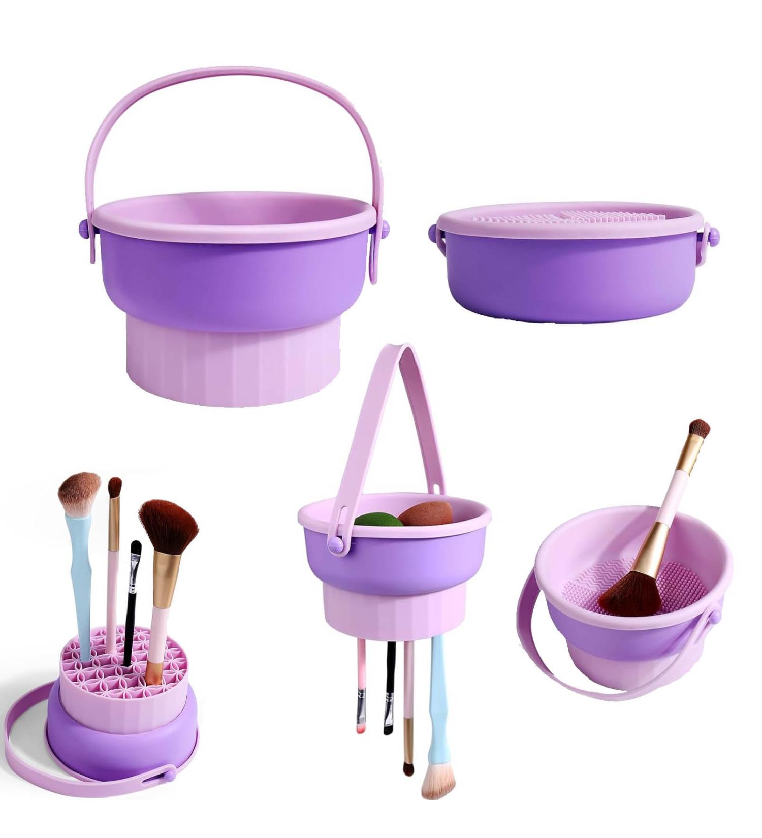 3 in 1 Makeup Brush Cleaning makeup brush cleaner brush cleaner makeup silicone makeup brush holder Mat Brush Cleaner Mat Foldable Makeup Brush Cleaning Bowl With Lanyard (Purple) - Buy Online on GoSupps.com