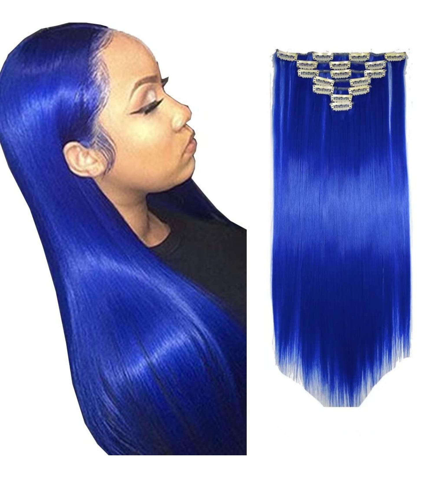Iluu Party Daily Use 22 Art Fiber Clip-On Hair Extensions | 100g 7 Stk 16 Clips - Blue Long Full Head Extensions for Women - Buy Online on GoSupps.com