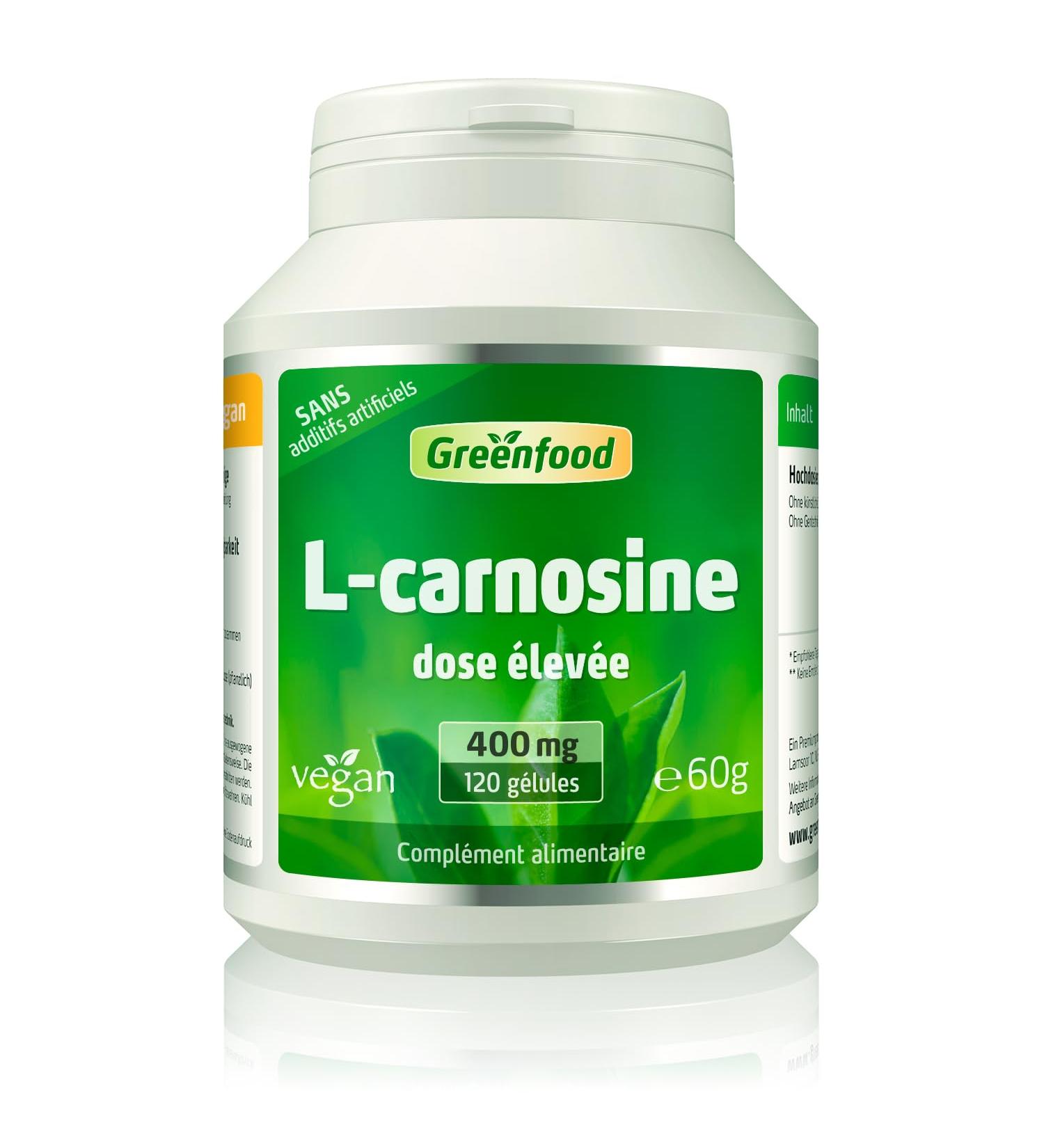 Greenfood L-Carnosine 400 mg High Dose Pure 120 Capsules Vegan No Artificial Additives Non-GMO Gluten Free Lactose Free Vegetable Capsules. - Buy Online on GoSupps.com