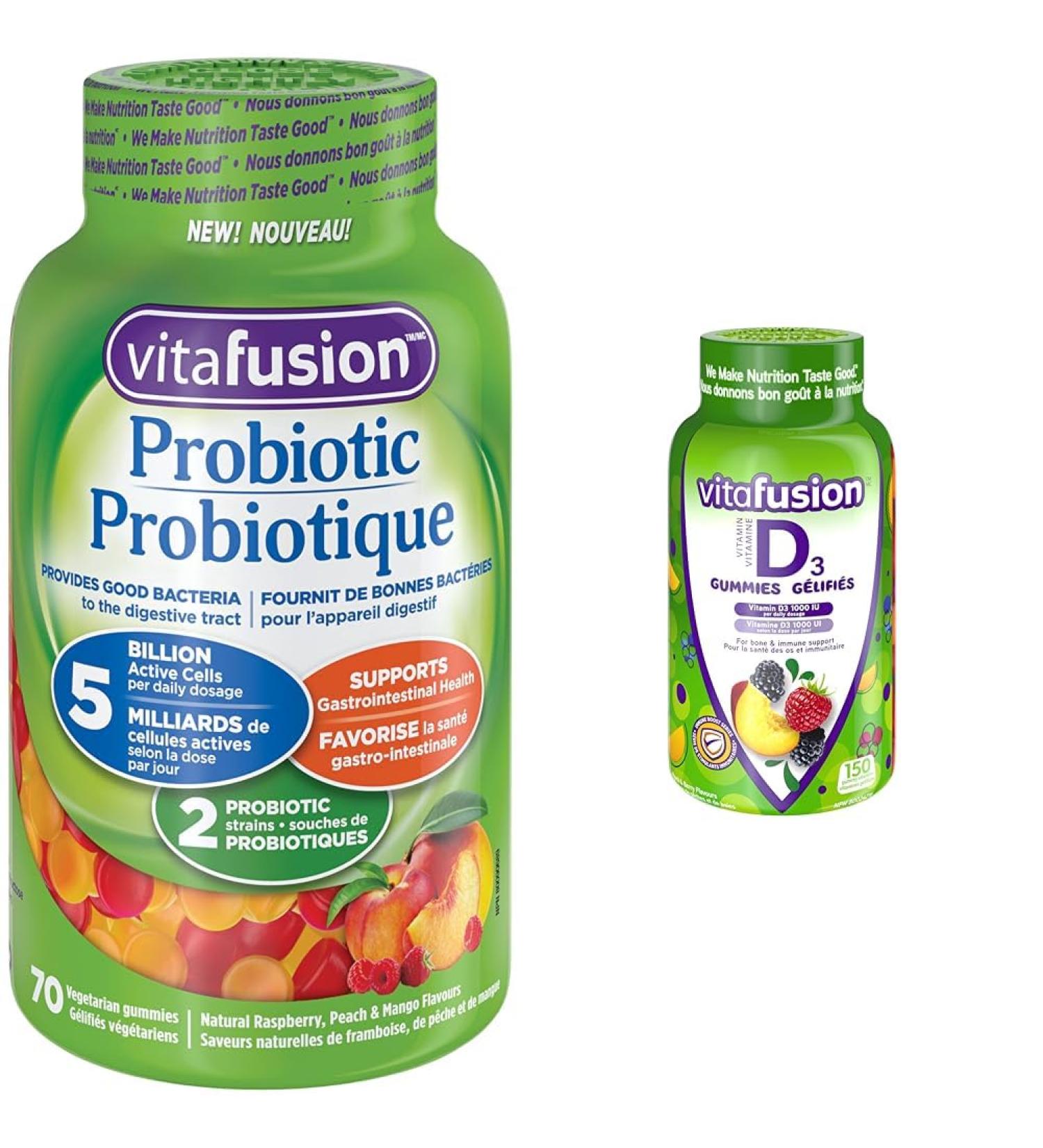 Vitafusion Probiotic Adult Gummies 2 Probiotic Strains & D3 Adult Vitamin Gummies 1000 IU Vitamin D3 Daily Dose Supports Bones & Teeth* 150 Count 5 Month Supply Packaging May Vary Gummies + 1000 IU Vitamin D3 - Buy Online on GoSupps.com