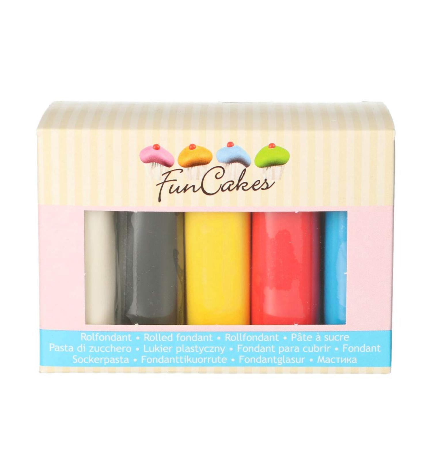 Funcakes Fondant Multipack Primary Colors: Easy to use flexible perfect for decorating cakes halal kosher and gluten -free.5 colors: white yellow blue red and black.5x100g