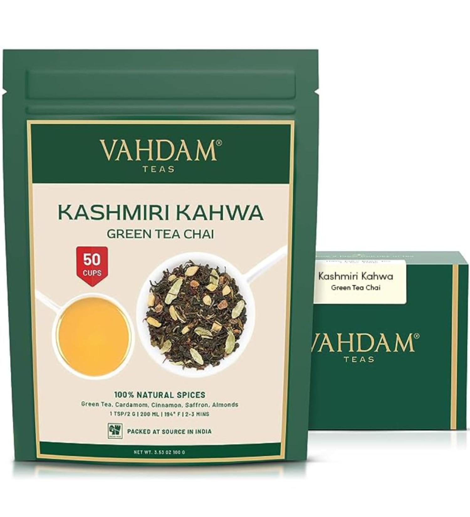 Vahdam Kashmiri Kahwa Chai - Spiced Green Tea with Natural Spices (100g) | Masala Chai Blend | Premium Loose Leaf Tea Cinnamon Cardamom Almond Saffron - Buy Online on GoSupps.com