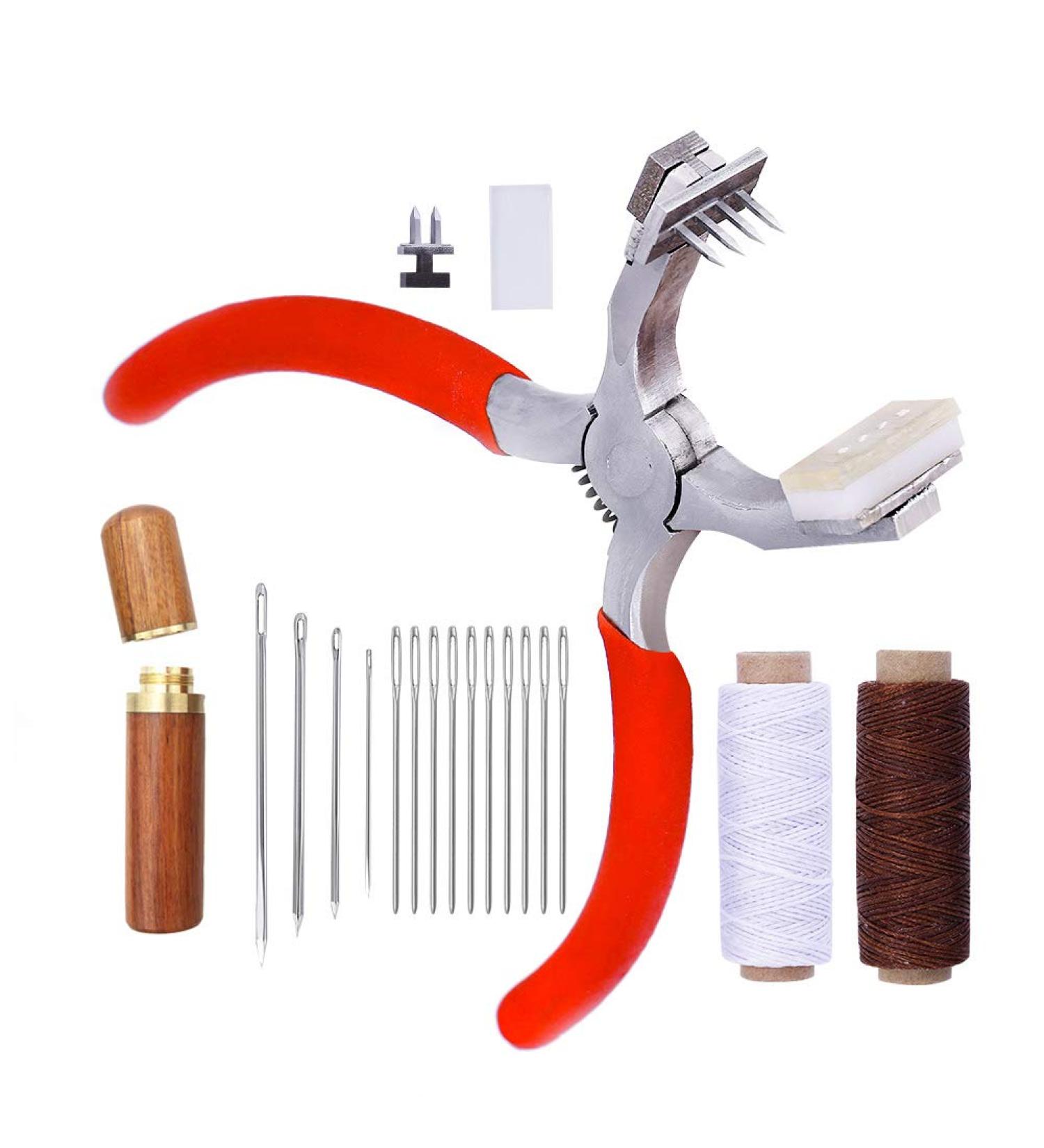 BUTUZE 4mm Leather Hole Punch Pliers Set for DIY Projects - Silent Handheld Tool with Rhombus Teeth, 2 Teeth, Needles, and Waxed Thread in Red - Buy Online on GoSupps.com