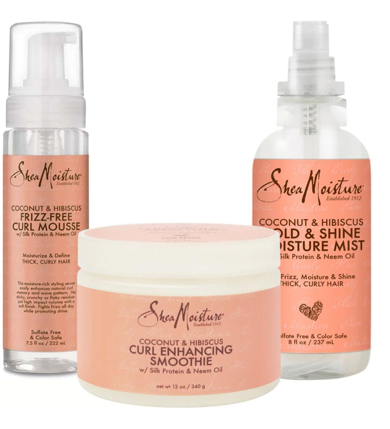 SheaMoisture Coconut & Hibiscus Bundle: Frizz Free Curl Mousse, Curl Enhancing Smoothie, Hold & Shine Moisture Mist - 3 Hair Styling Products - Buy Online on GoSupps.com