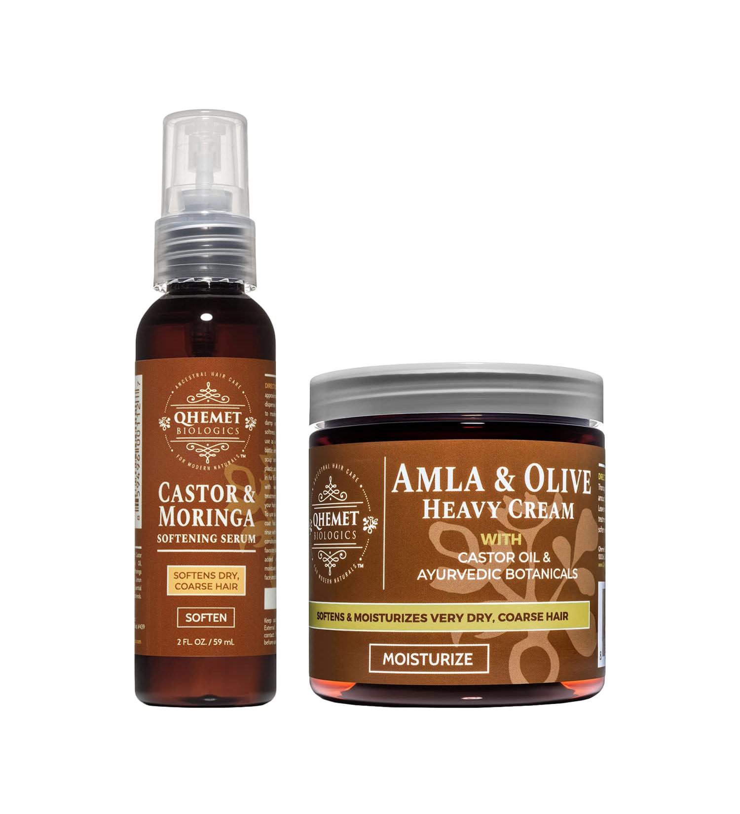 Qhemet Biologics Soften & Hydrate Duo: Castor & Moringa Serum + Amla & Olive Cream - 4C Hair Moisturizer & Softening Serum Set - Buy Online on GoSupps.com