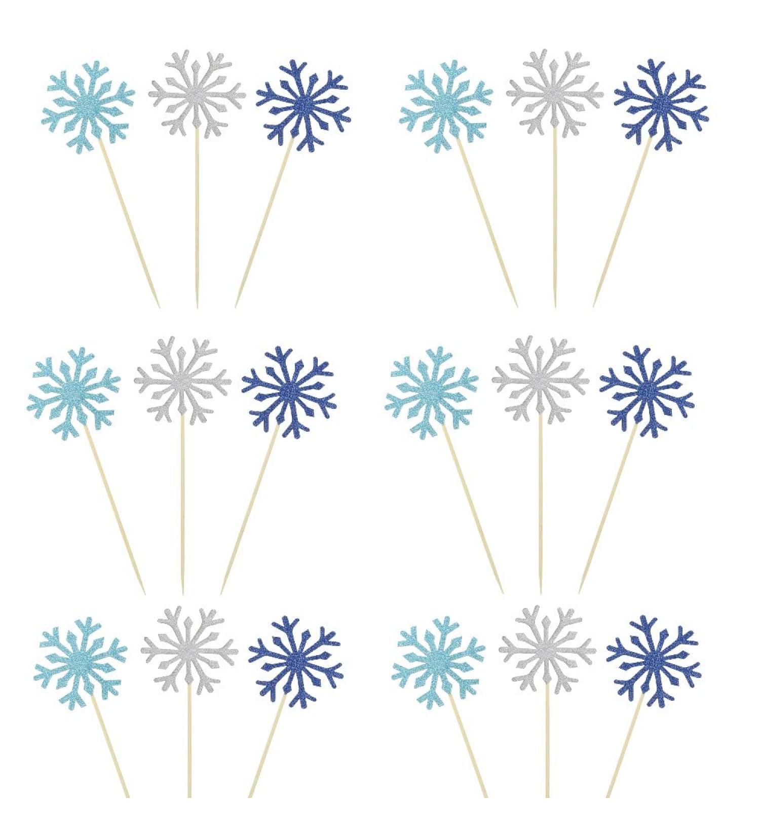 Newzc 30-Piece Snowflake Cake Topper Set - Glitter Cupcake Toppers in Silver Light Blue & Royal Blue for Weddings & Birthday Parties - Buy Online on GoSupps.com