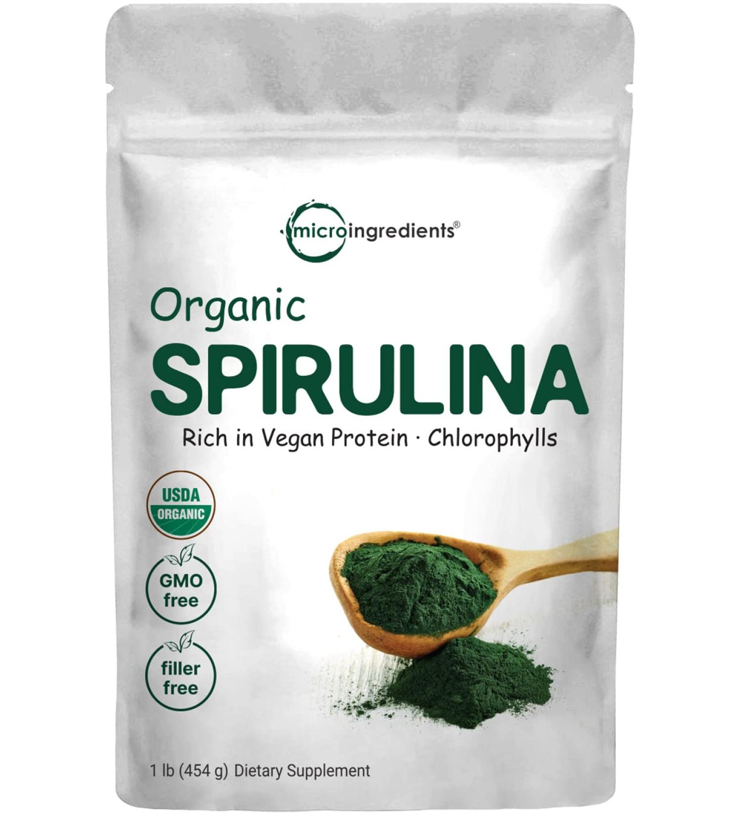 Micro Ingredients Organic Spirulina Powder 16oz Raw Arthrospira Platensis Superfood with 70% Vegan Protein, Minerals, Vitamins Non-GMO & Non-Irradiated 1lb Pack - Buy Online on GoSupps.com