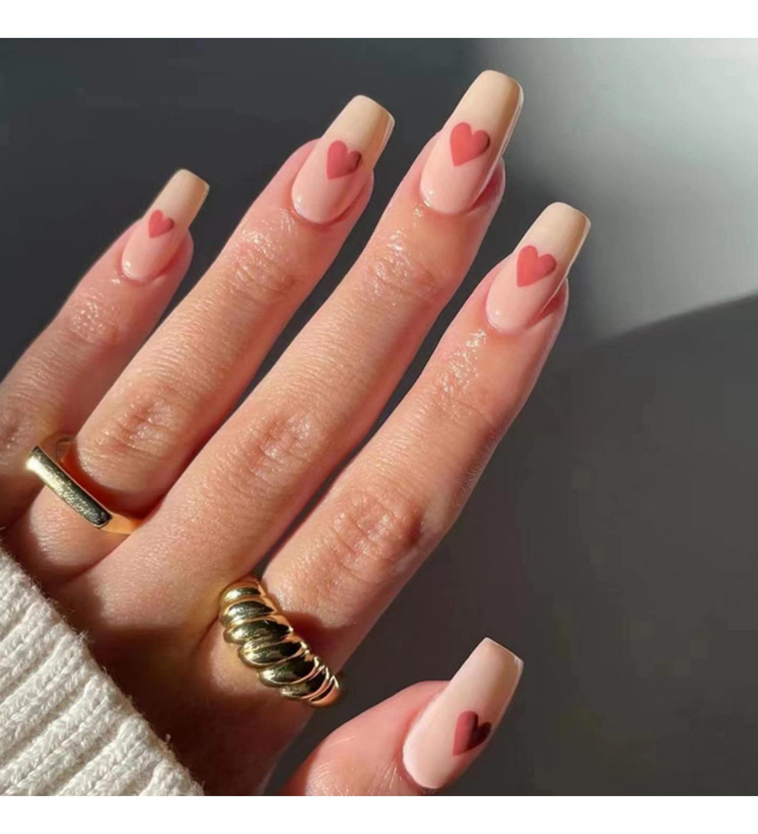 Justotry 24 Pcs Heart False Nails - Medium Pale Yellow French Press-on Nails | Nude Ballerina Stick-on Nails for Women | Acrylic Coffin Fake Nails Long with Glue for Nail Art - Buy Online on GoSupps.com