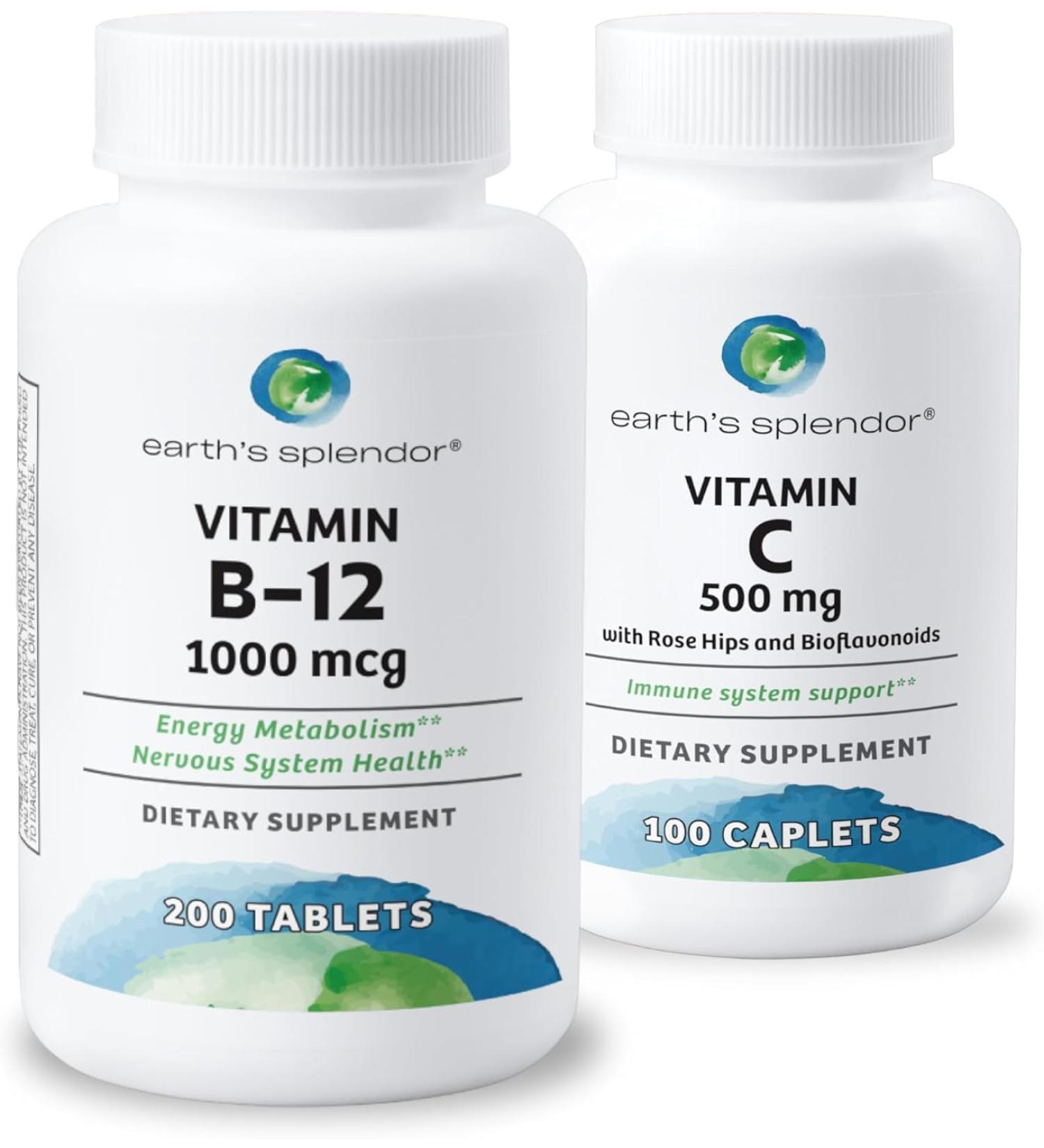 Earth's Splendor Energy & Immune Support Vitamin B12 & Vitamin C with Rose Hips Gluten-Free No Artificial Colors or Flavors Supports Energy Metabolism & Antioxidant Health for Men & Women - Buy Online on GoSupps.com
