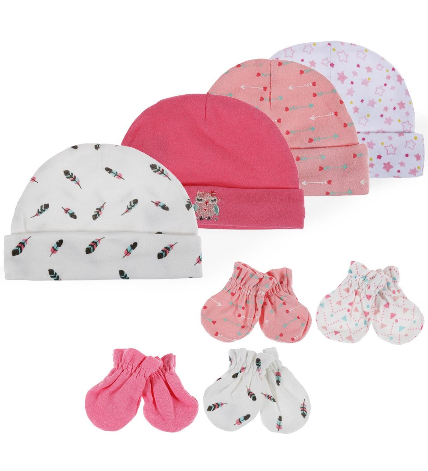 Lictin Newborn Baby Caps Mittens Set - 100% Pure Cotton, 4pcs Hats & 4 Pairs Scratch Mittens for Baby Girl 0-6 Months, Pink - Buy Online on GoSupps.com