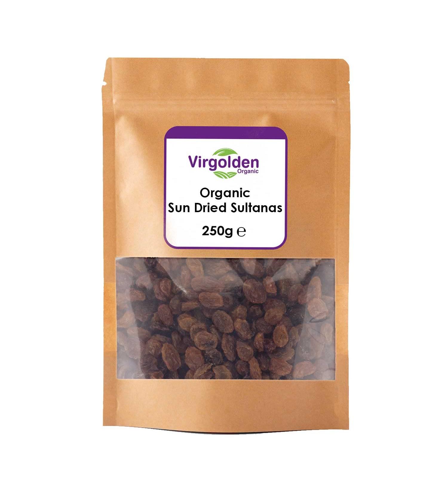 Organic Sun Dried Sultanas 250g by Virgolden Organic - Source of Fibre Suitable for Vegetarians Baking Desserts Vegan Cakes Cookies Tart Breakfast Granola - Buy Online on GoSupps.com