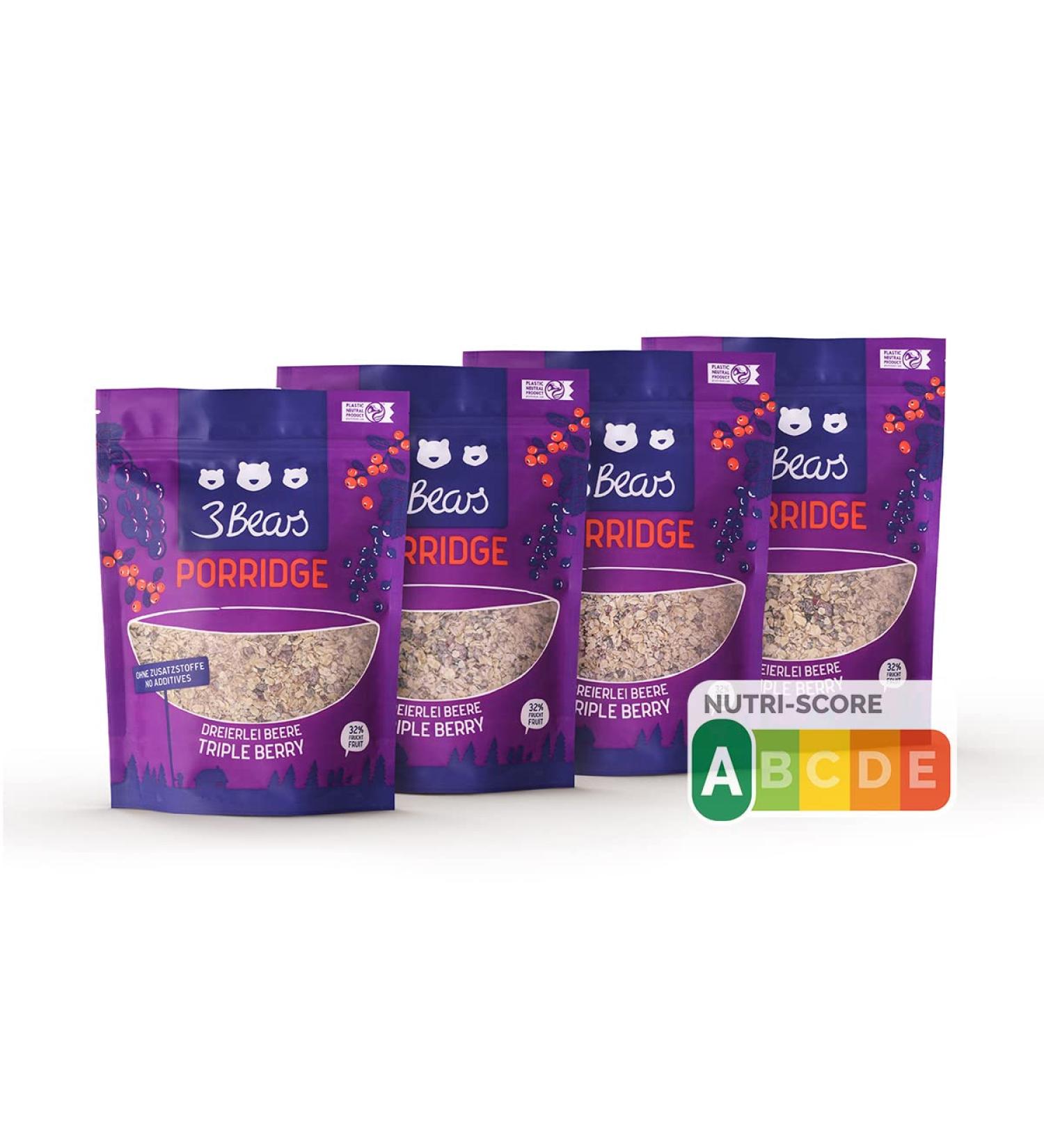 3Bears Three Berry Porridge - Healthy Sugar-Free Oatmeal (4 x 400g) | Delicious Vegan Overnight Oats - Buy Online on GoSupps.com