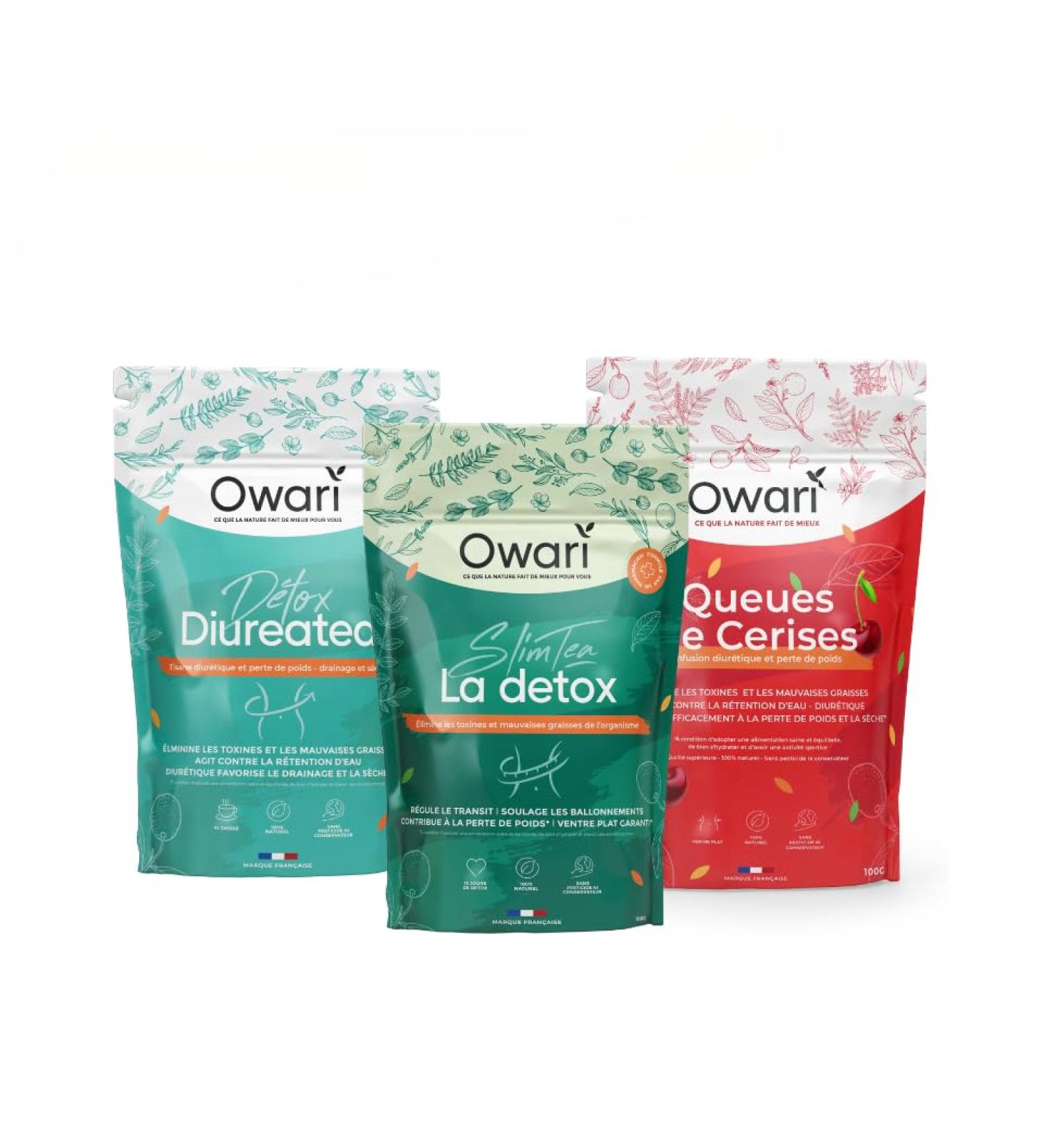 Owari OWARI Flat Stomach Pack - 1x Diuretea 1x Slim Tea 1x Cherry Stem - Draining Herbal Tea Pack to Reduce Water Retention - Weight Loss and Intestinal Transit Herbal Tea - 3x 100g