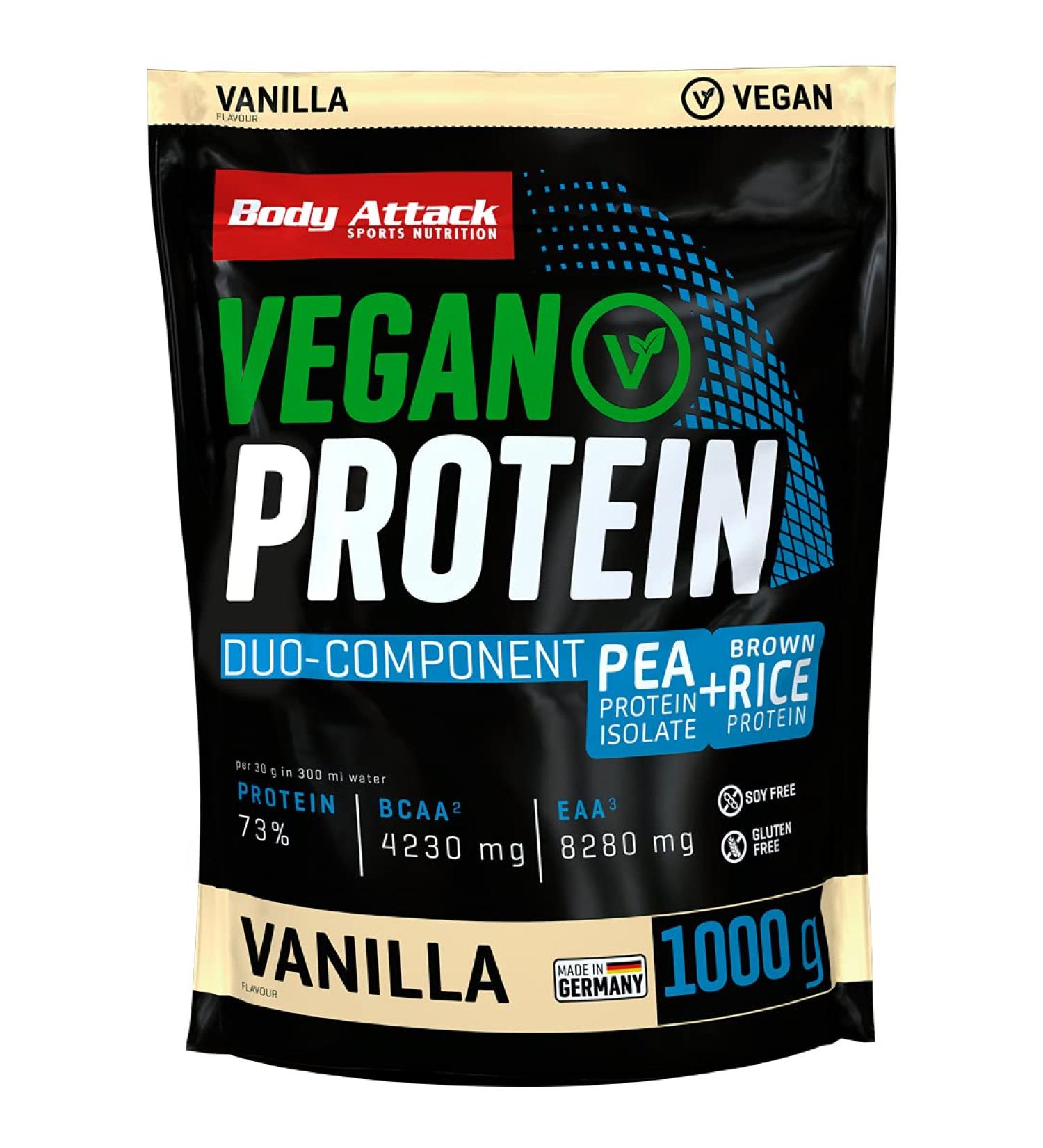 Body Attack Vegan Duo Protein 1000g - Vanilla | 33 Portions EAAs & BCAAs Sugar-Free Eco-Friendly Zip-Lock | Made in Germany - Buy Online on GoSupps.com