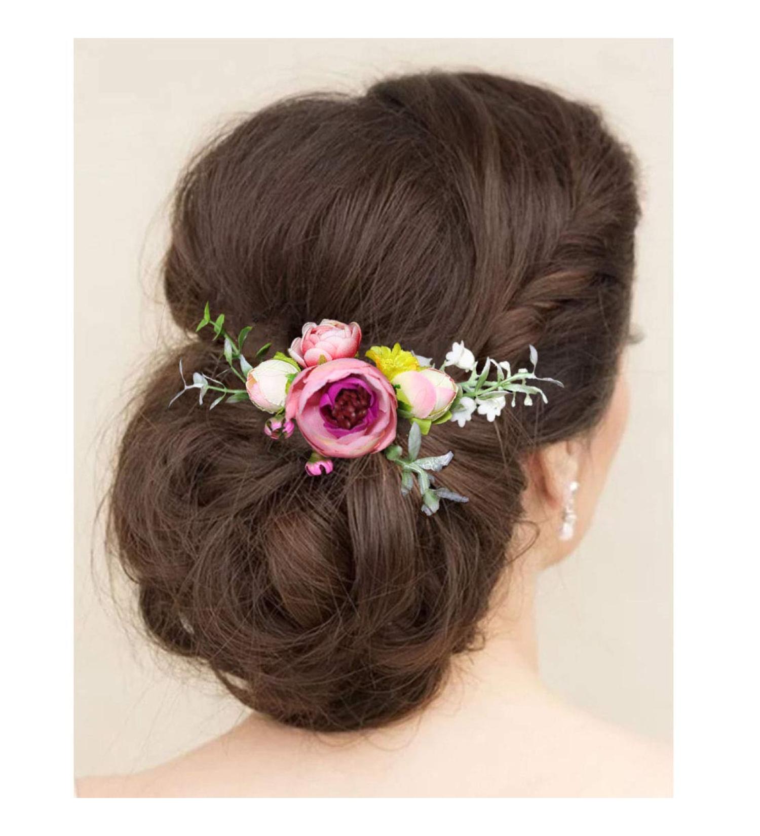 Fangsen Silver Wedding Rose Flower Pinecones Hair Comb | Bridal Floral Christmas Hair Clip (Pink) - Buy Online on GoSupps.com