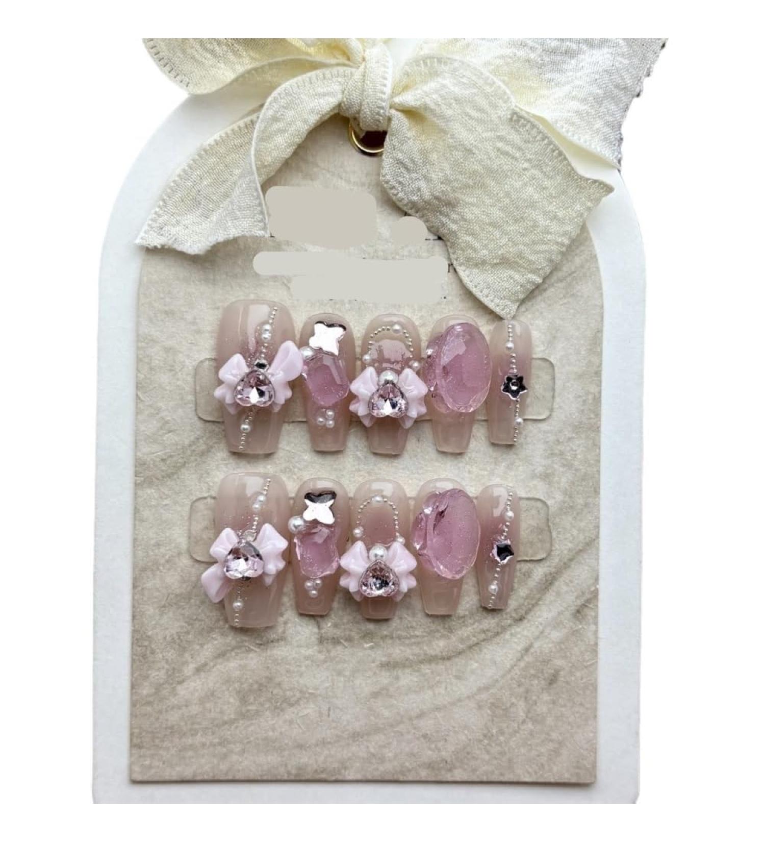 Handmade Wearable Nail Manicure Dream Pink Bubble Diamond Bow Knot Detachable Nail Fake Nails 10pcs (Size : S)