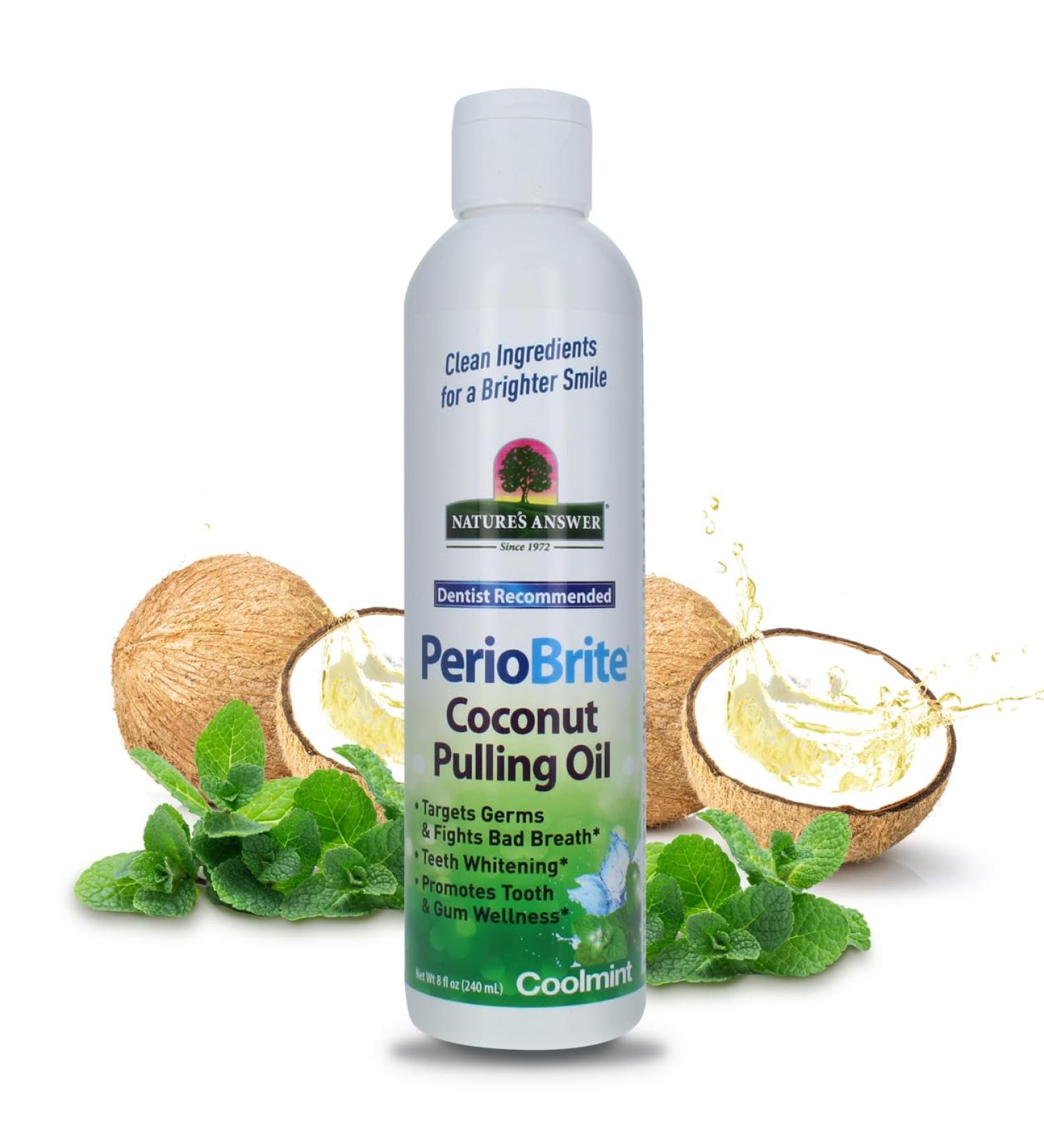 PerioBrite Coconut Pulling Oil 8 oz - Natural Mint Flavor Promotes White Teeth & Oral Wellness Gluten Free Non-GMO Alcohol & Fluoride Free Kosher - International Shipping Available - Buy Online on GoSupps.com